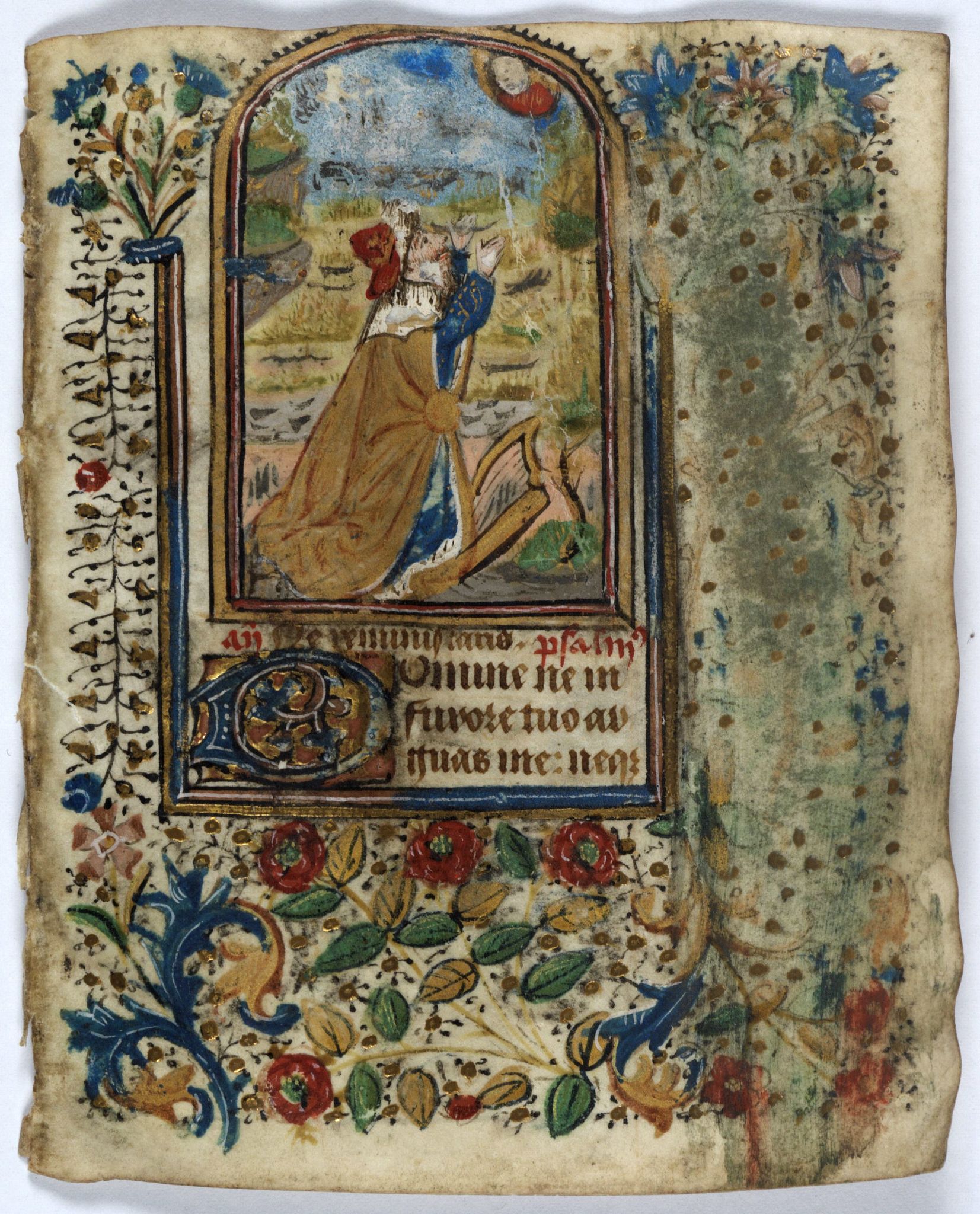BOOK OF HOURS, Miniature of King David kneeling and gazing toward heaven., antique map, old maps