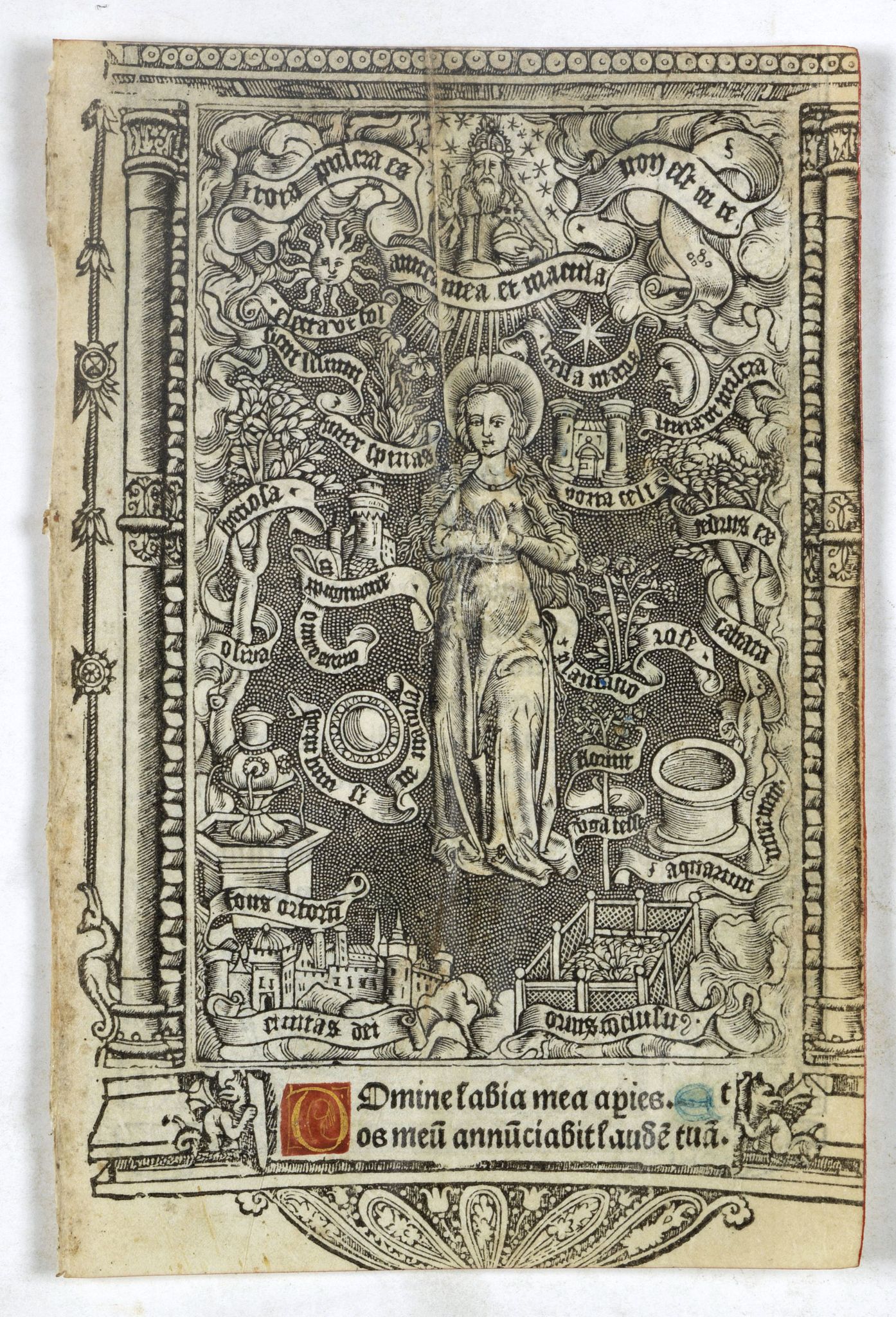 BOOK OF HOURS, Leaf on vellum from a printed Book of Hours with miniature of the Virgin of the Litanies., antique map, old maps