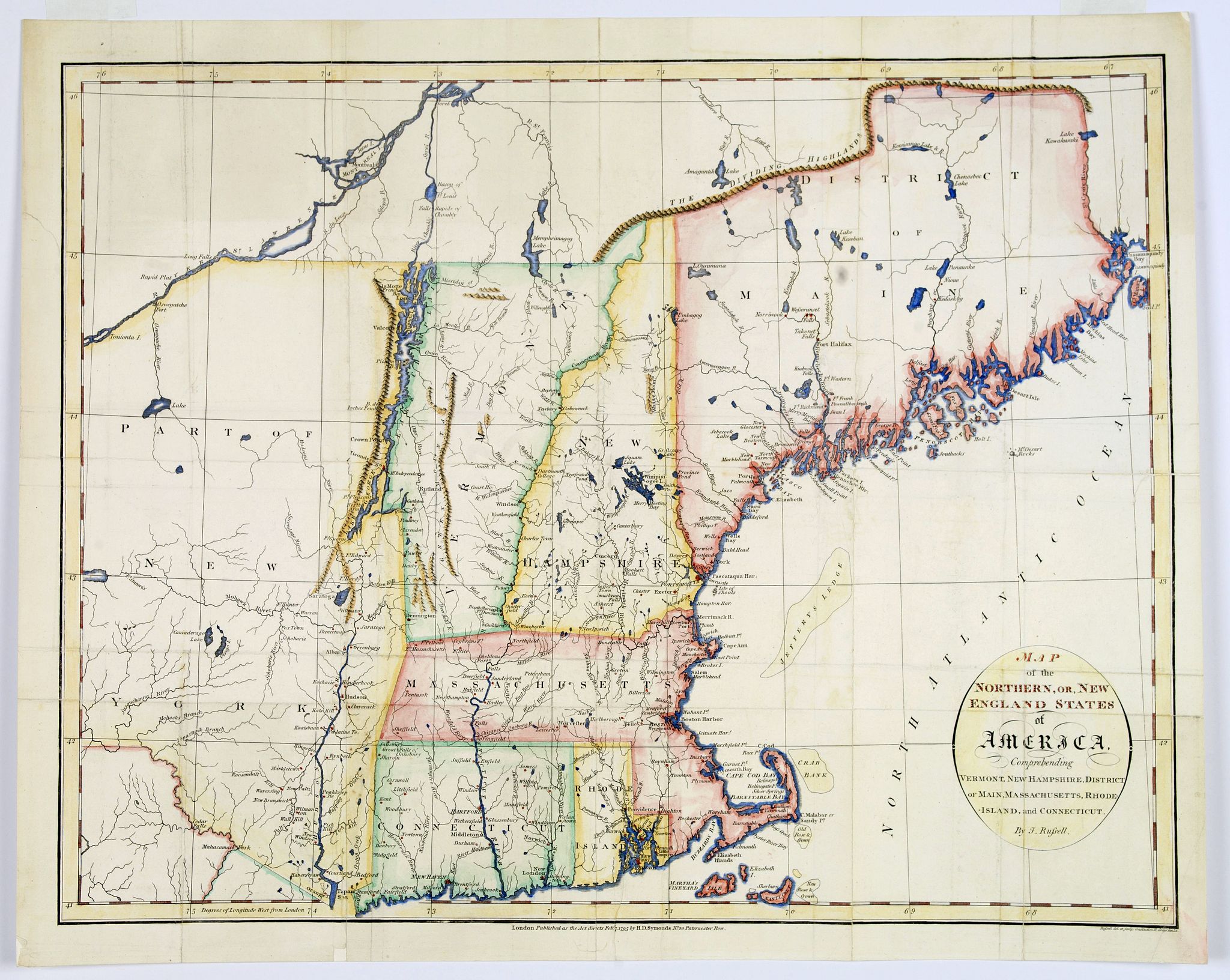 RUSSELL, J., Map of the Northern, or, New England States of America. . ., antique map, old maps