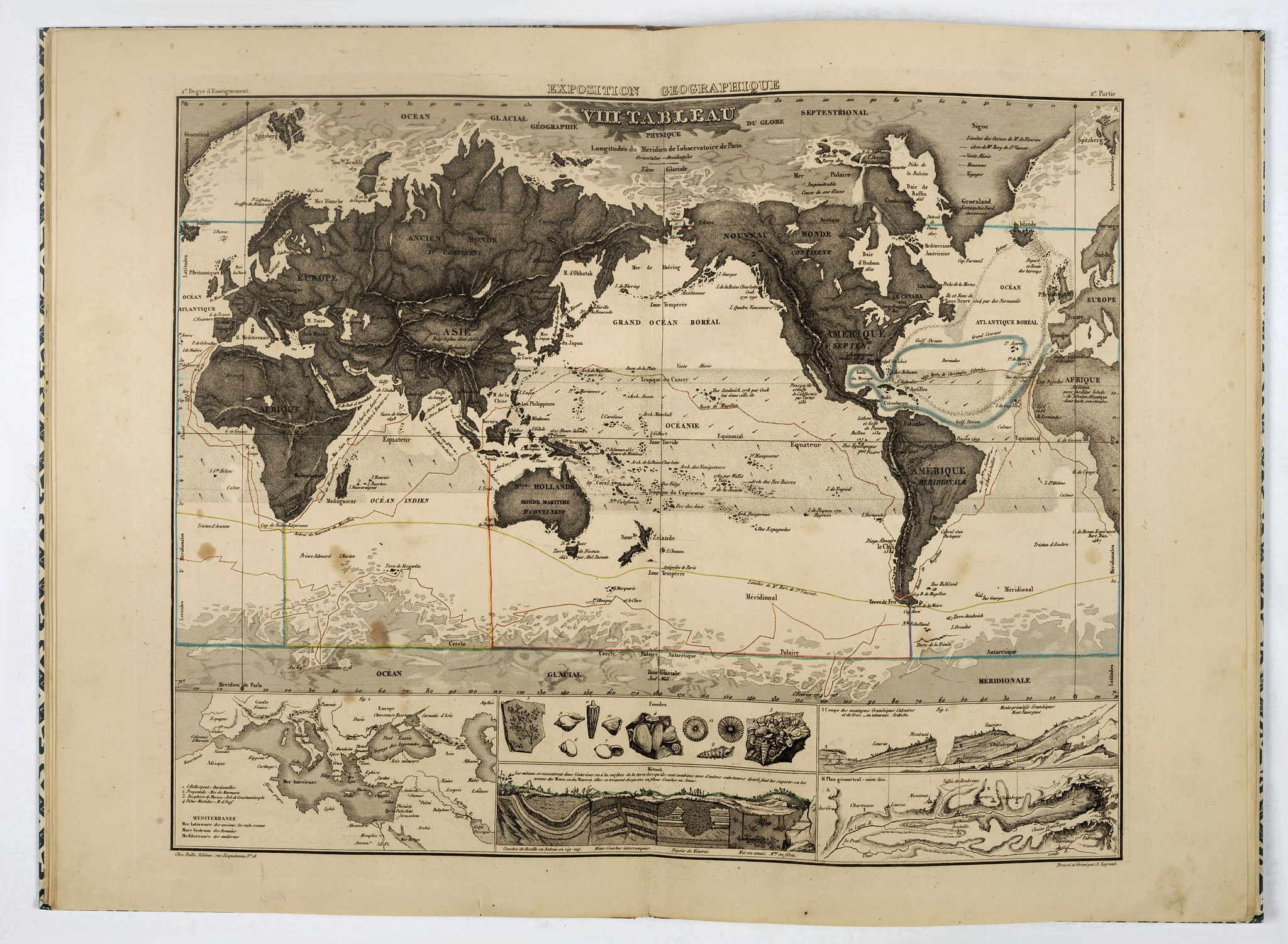 LEGRAND, A., Exposition géographique en XIV tableaux, composés et expliqués par A. Legrand... Deuxième degré d'enseignement . . ., antique map, old maps