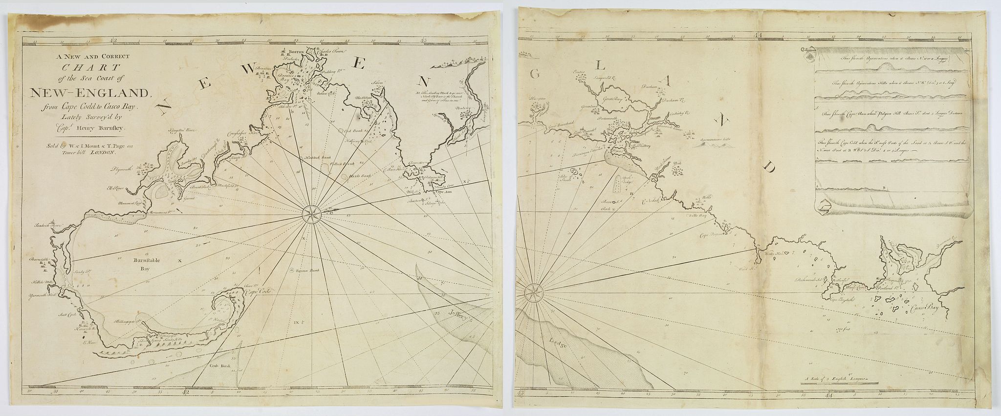 BARNSLEY, Capt. Henry., A New and Correct Chart of the Sea Coast of New England from Cape Codd to Casco Bay. . ., antique map, old maps