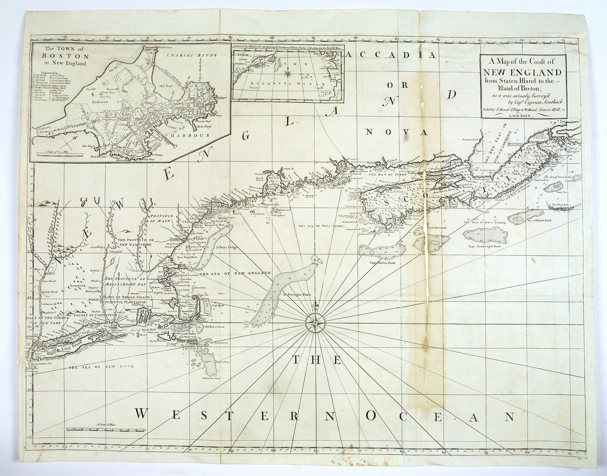 SOUTHACK, Cyprian., A Map of the Coast of New England from Staten Island to the island of Breton. . ., antique map, old maps
