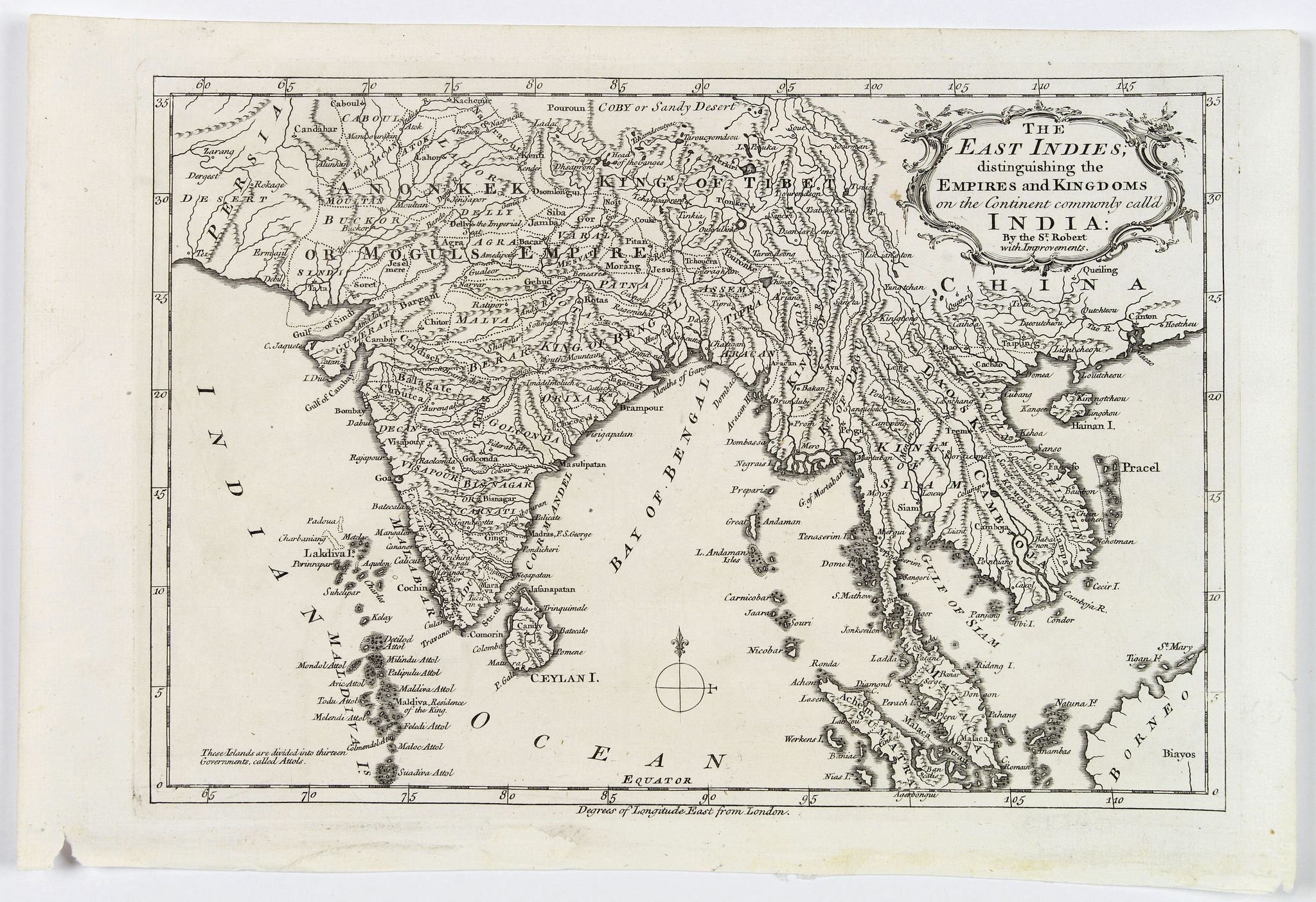 SR. ROBERT., The East Indies, distinguishing the Empires and Kingdoms on the Continent commonly call'd India., antique map, old maps