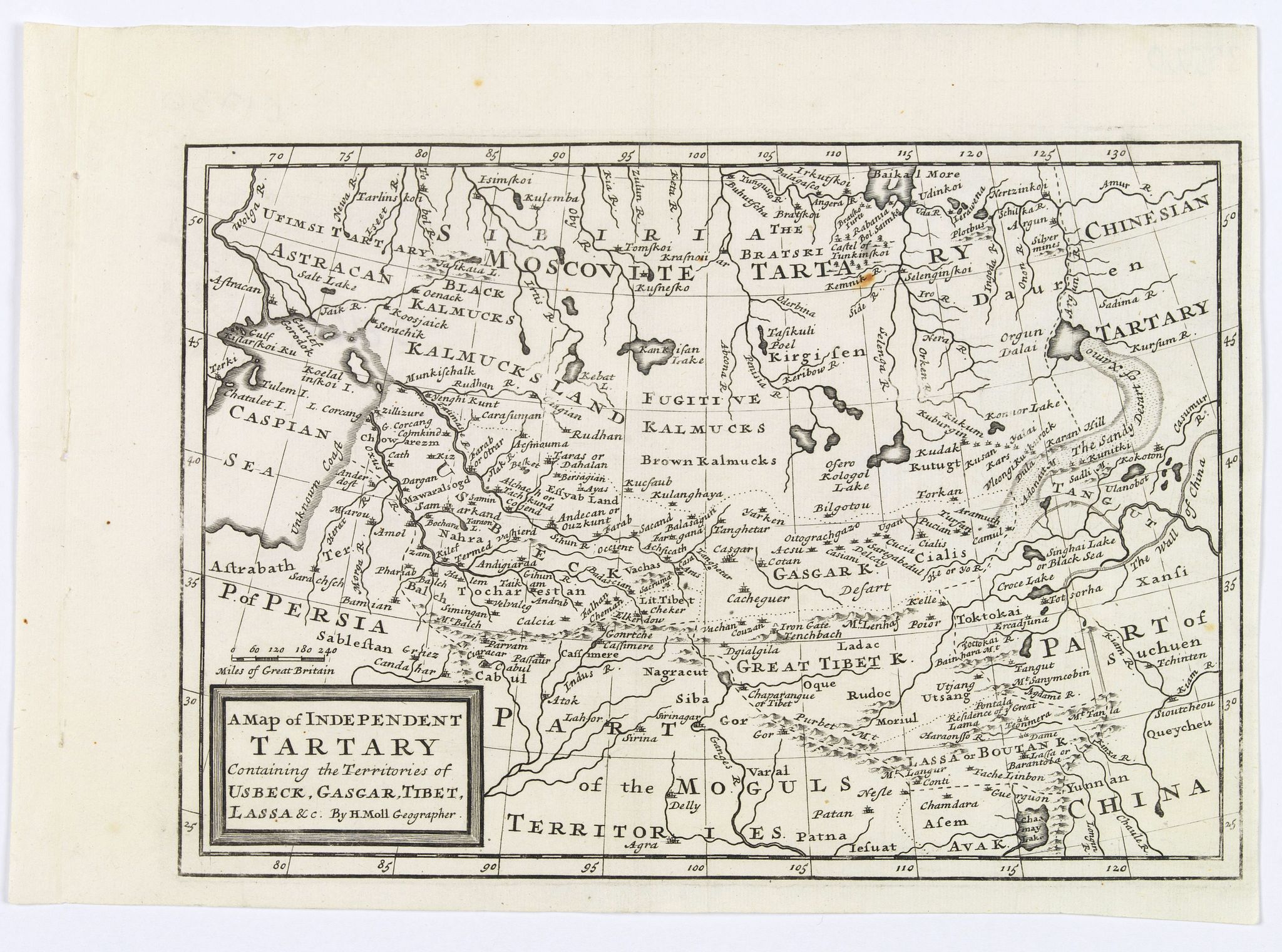 MOLL, Herman., A Map of Independent Tartary, containing the territories of Usbeck, Gasgar, Tibet, Lassa &c., antique map, old maps