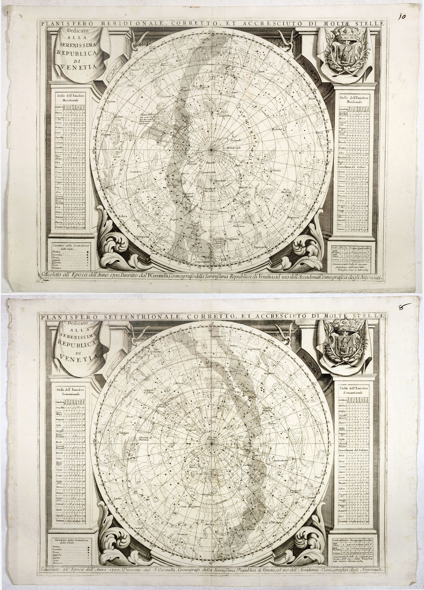CORONELLI,P., Planisfero Settentrionale Corretto, et Accreciuto . . .(together with) Planisfero Meridionale, Corretto, et Accrescuito . . ., antique map, old maps