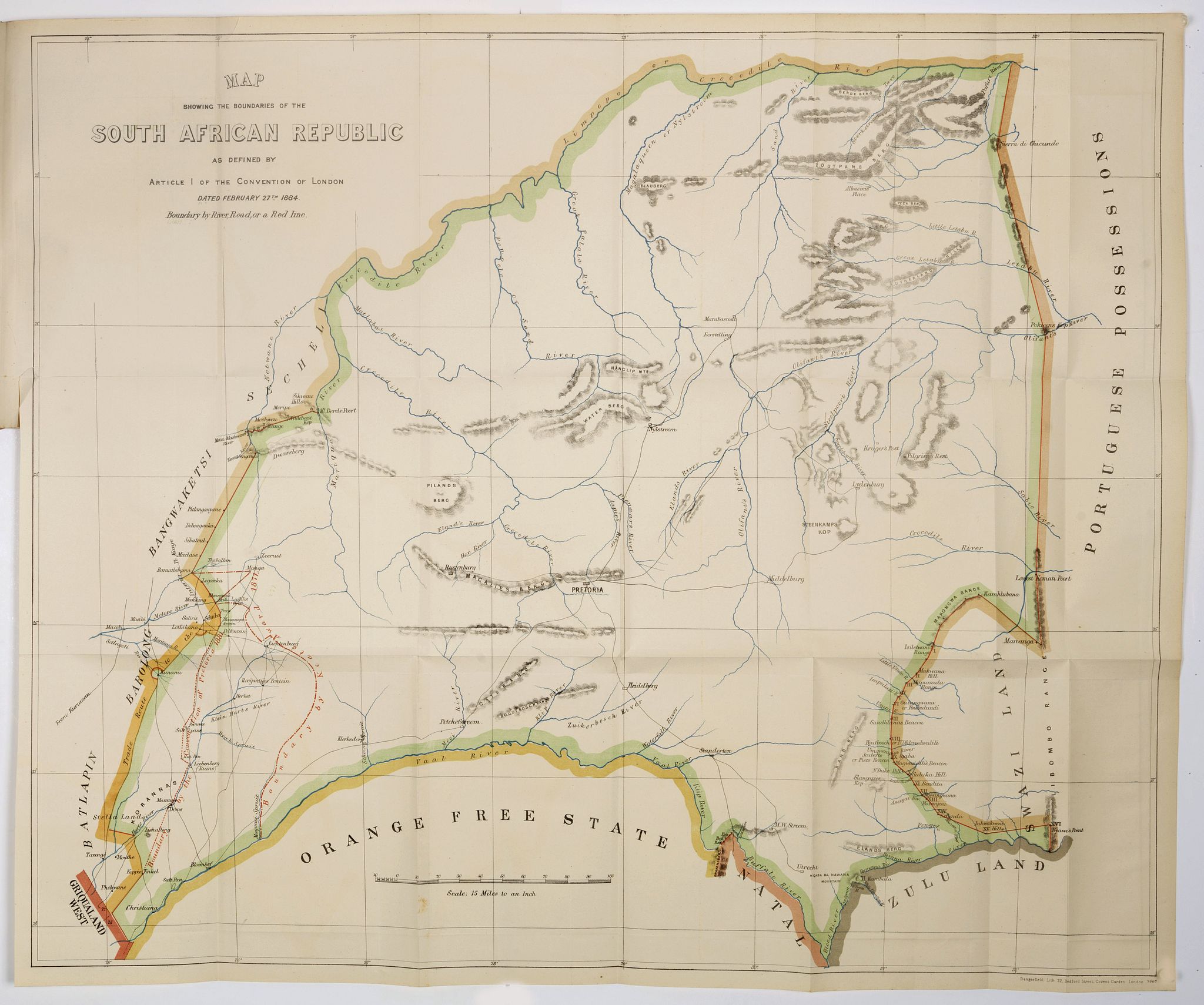 DANGERFIELD, F., Map Showing The Boundaries Of The South African Republic As Defined By Article I Of The Convention Of London Dated February 27Th 1884, antique map, old maps