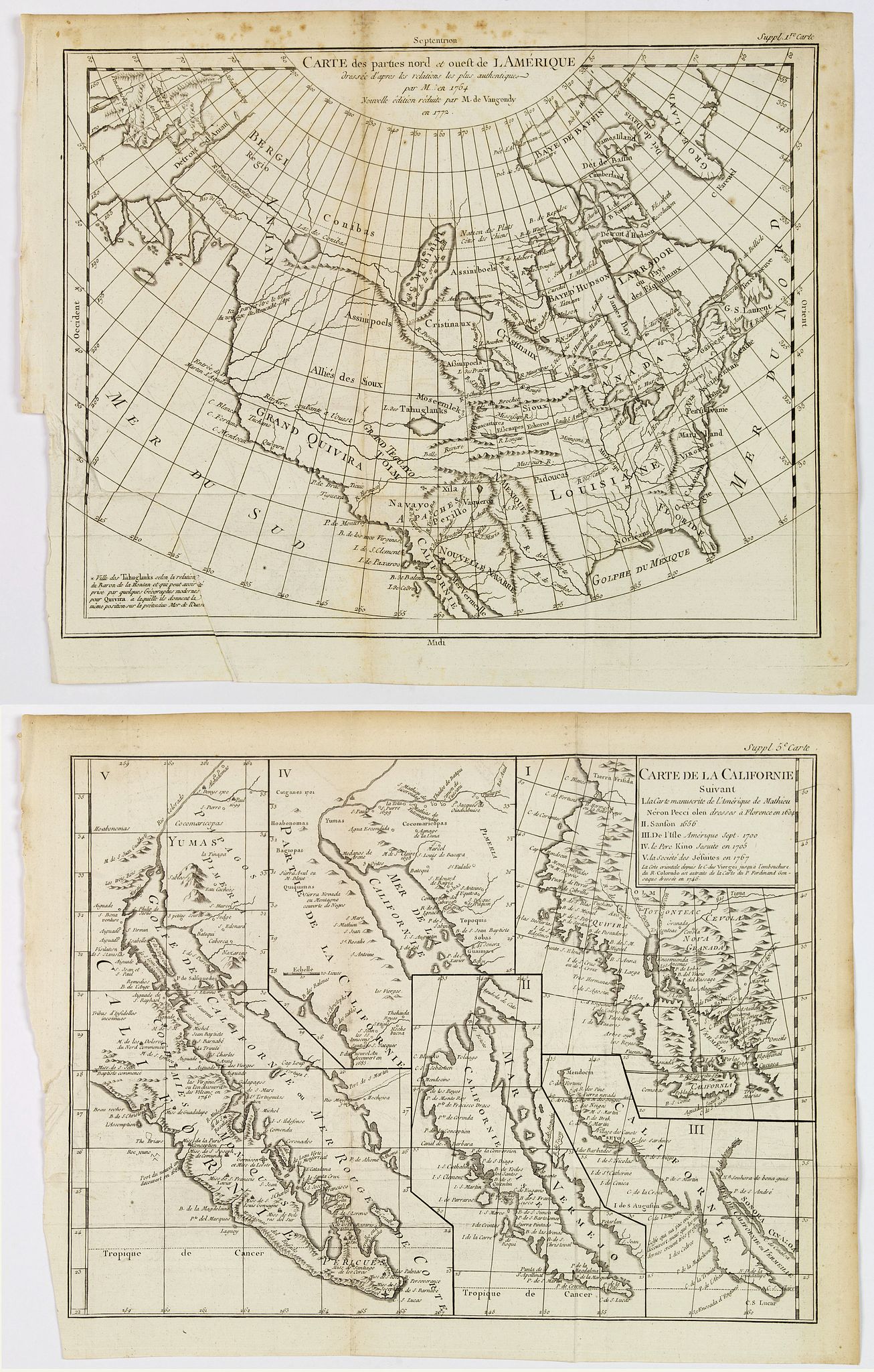 DIDEROT,D. / DE VAUGONDY., Carte de la Californie suivant. / Carte des parties nord et ouest de L'Amerique. . ., antique map, old maps