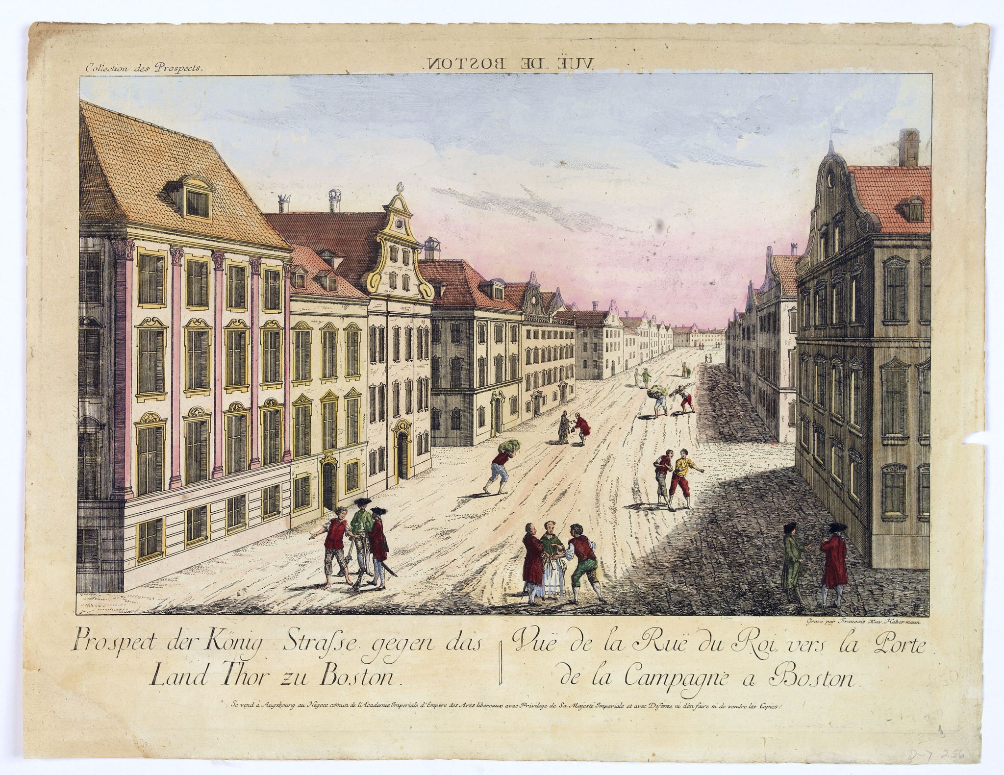 HABERMANN, F., Vue de la Rue du Roi, vers la Porte de la Campagne a Boston., antique map, old maps