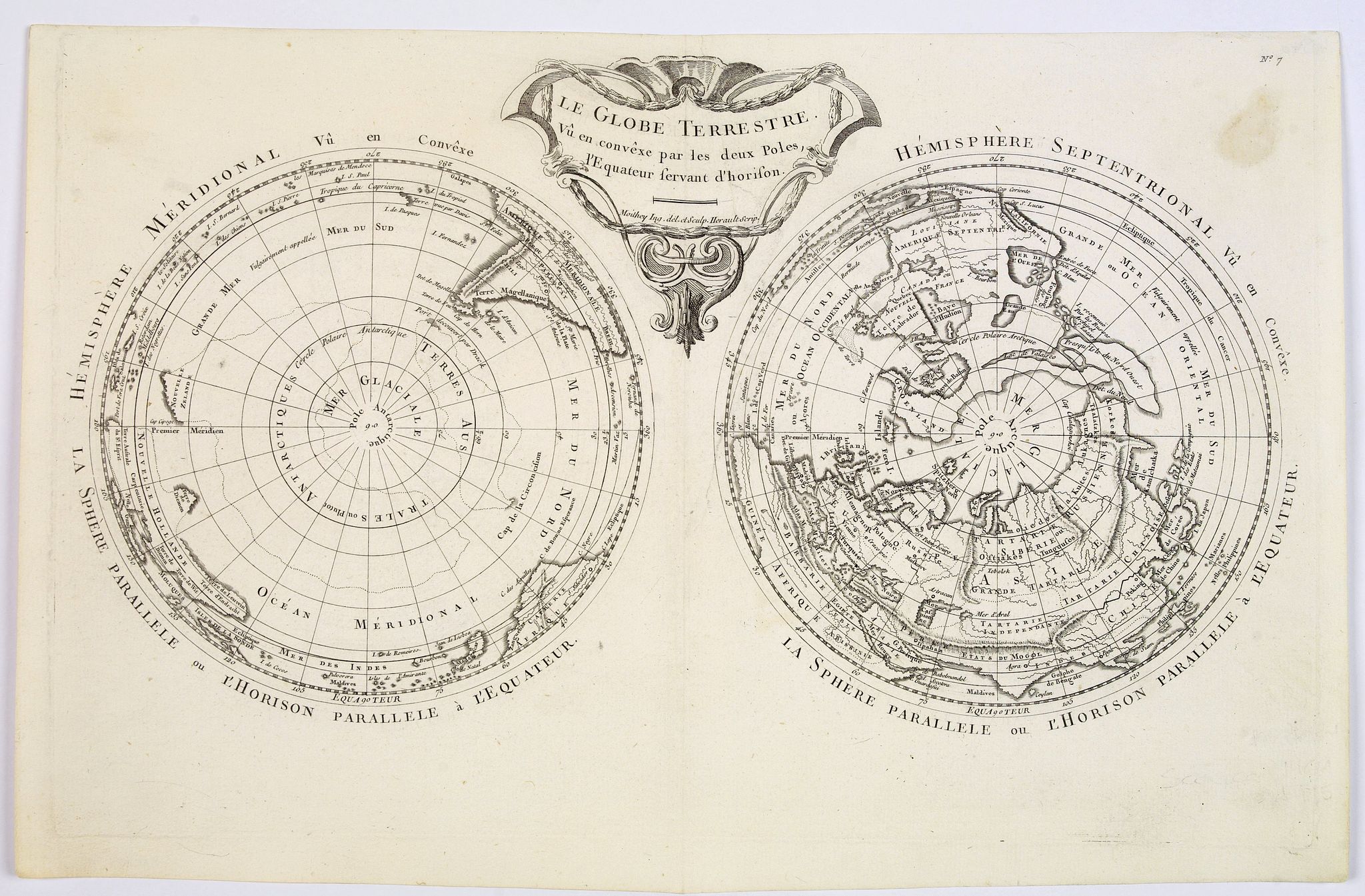 MOITHEY, M.A., Le Globe Terrestre vu en convexe par les deux Poles, l'Equateur servant d'horison., antique map, old maps