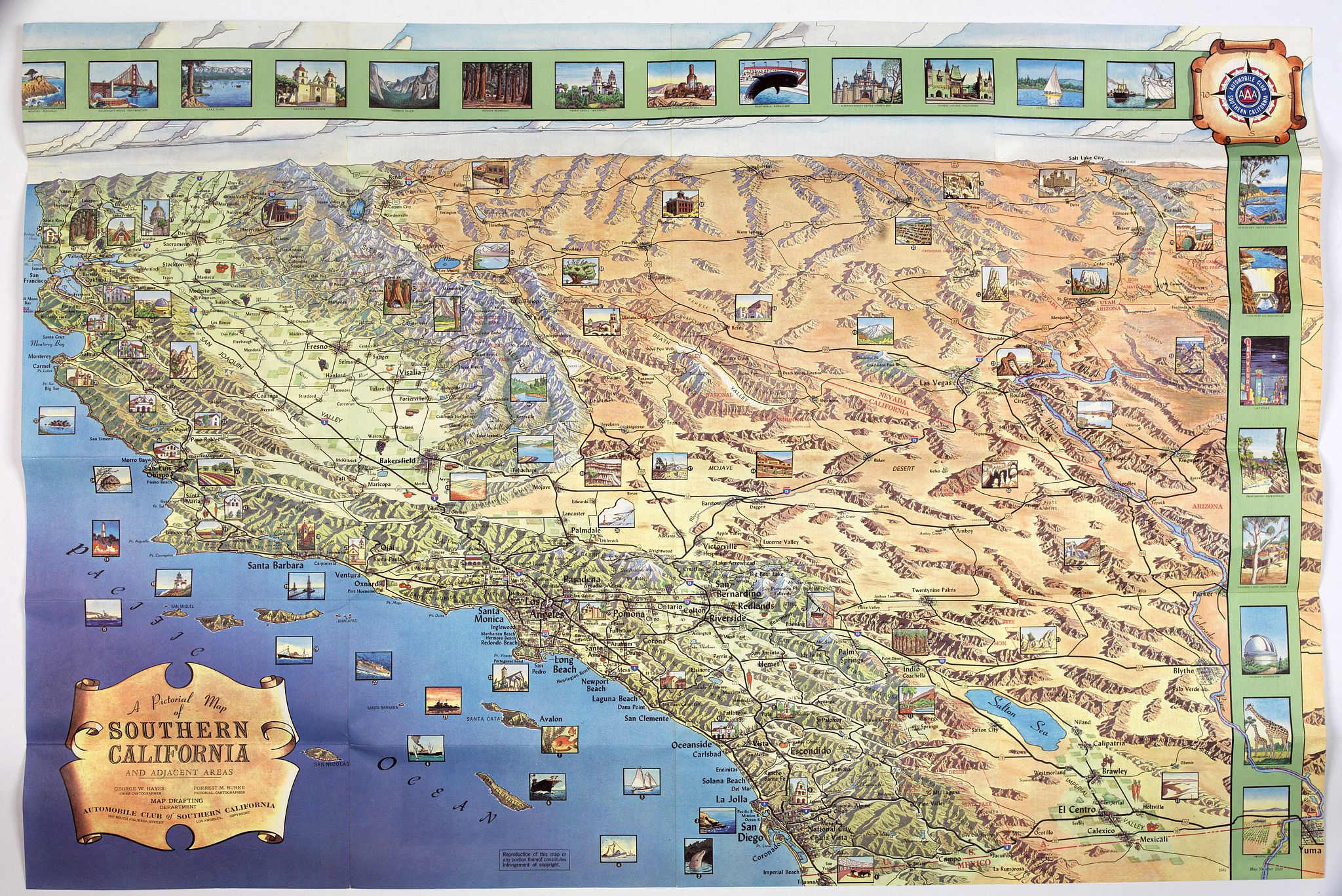 AUTOMOBILE CLUB OF SOUTHERN CALIFORNIA., A Pictorial Map of Southern California and adjacent areas., antique map, old maps
