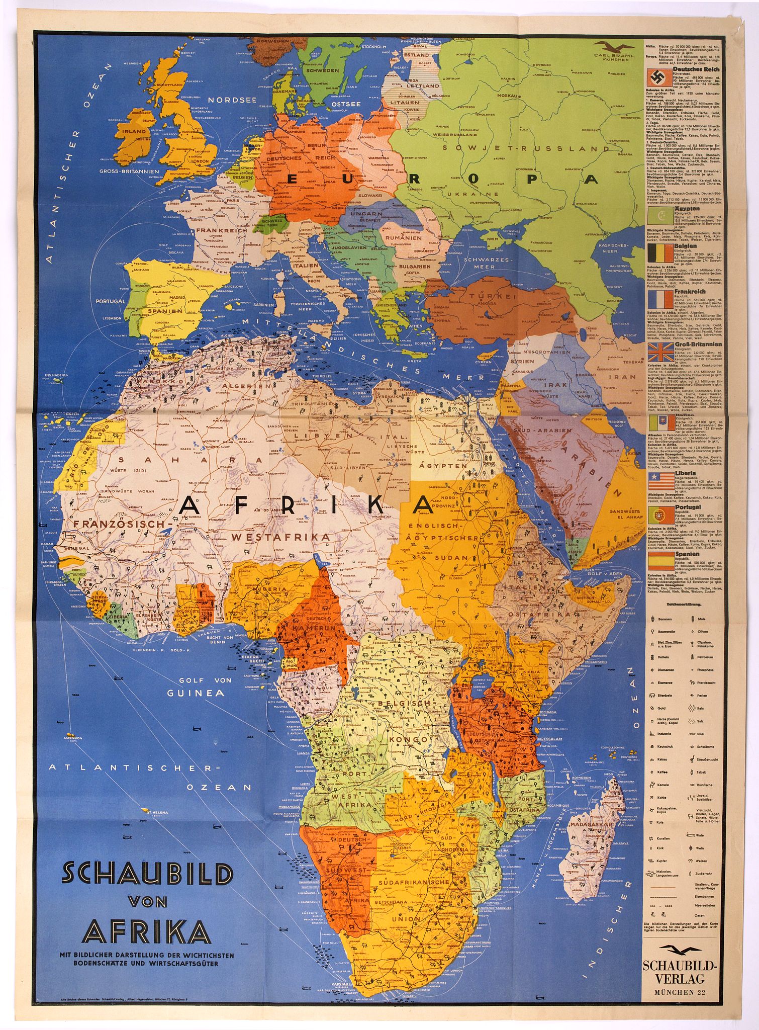 SCHAUBILD VERLAG, Schaubild von Afrika mit bildlicher Darstellung der wichtigsten Bodenschätze und Wirtschaftgüter., antique map, old maps