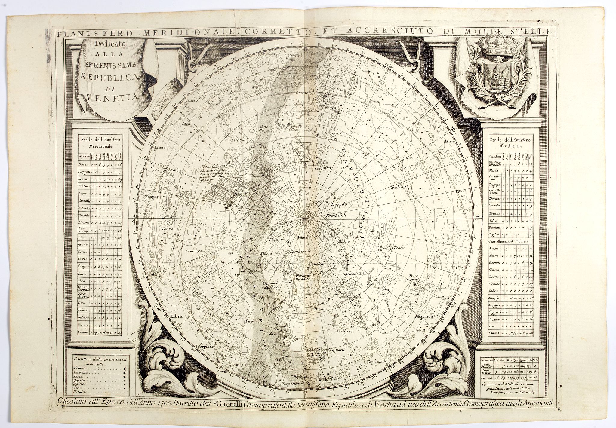 CORONELLI, V., Planisfero Meridionale Corretto, et Accreciuto di Molt.., antique map, old maps