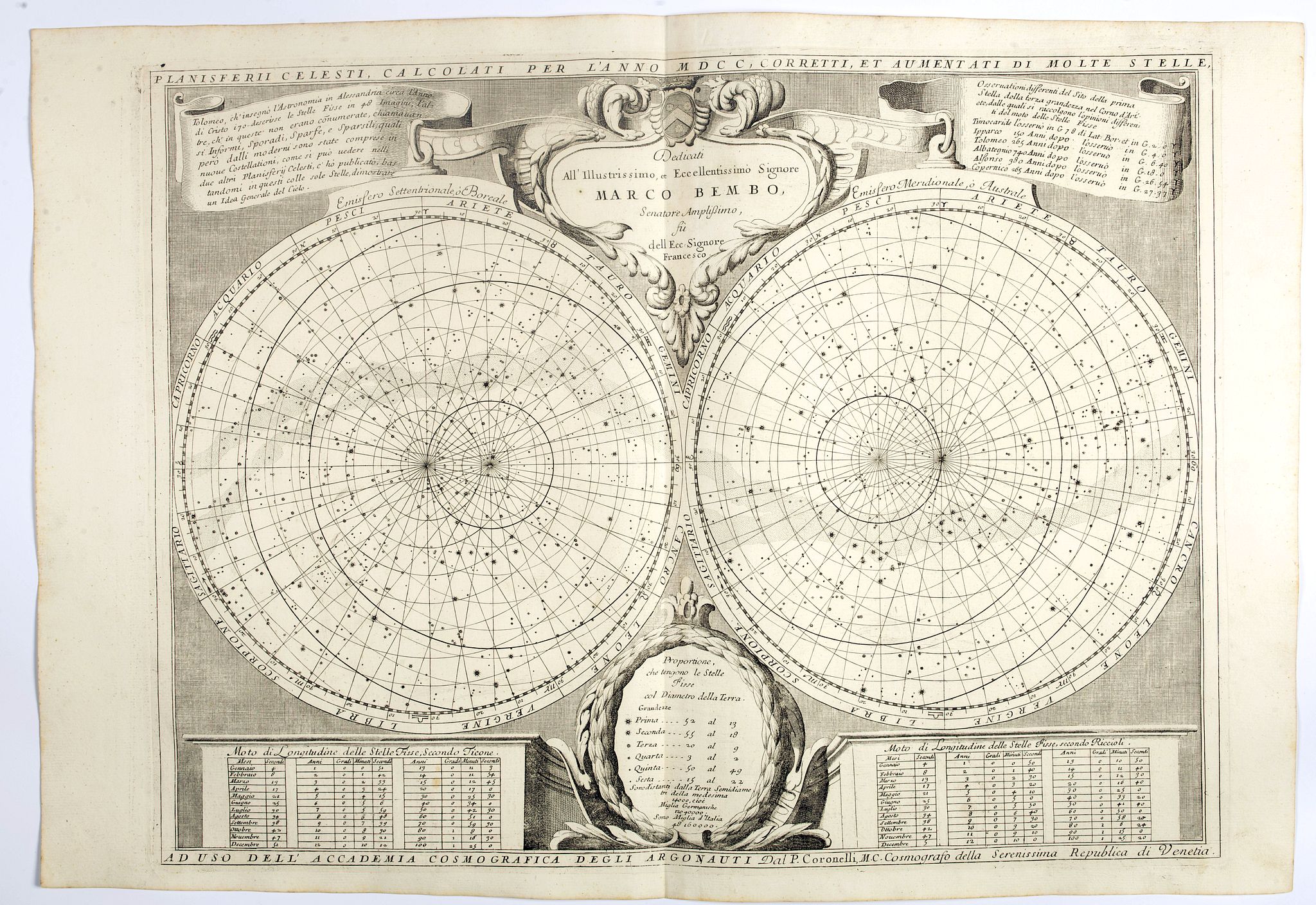 CORONELLI, V., Planisferii Celesti, Calcolati Per L'Anno MDCC, Corretti, Et Aumenati Di Molte Stelle . . ., antique map, old maps