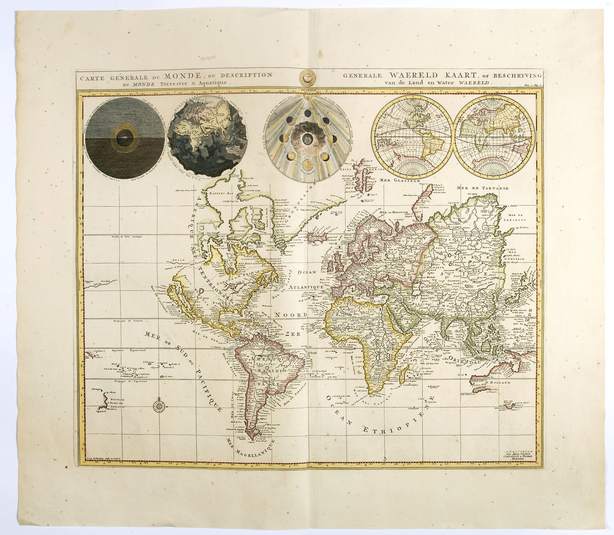 COVENS, J. / MORTIER, C., Carte generale du monde ou description du monde terrestre & aquatique / Generale waereld kaart, of beschryving van de land en water waereld., antique map, old maps