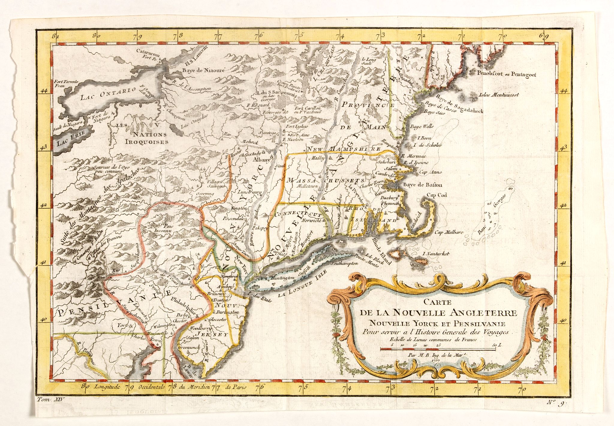 BELLIN, J.N., Carte de la Nouvelle Angleterre, Nouvelle York et Pensilvanie / Pour servir à l'Histoire Générale des Voyages., antique map, old maps