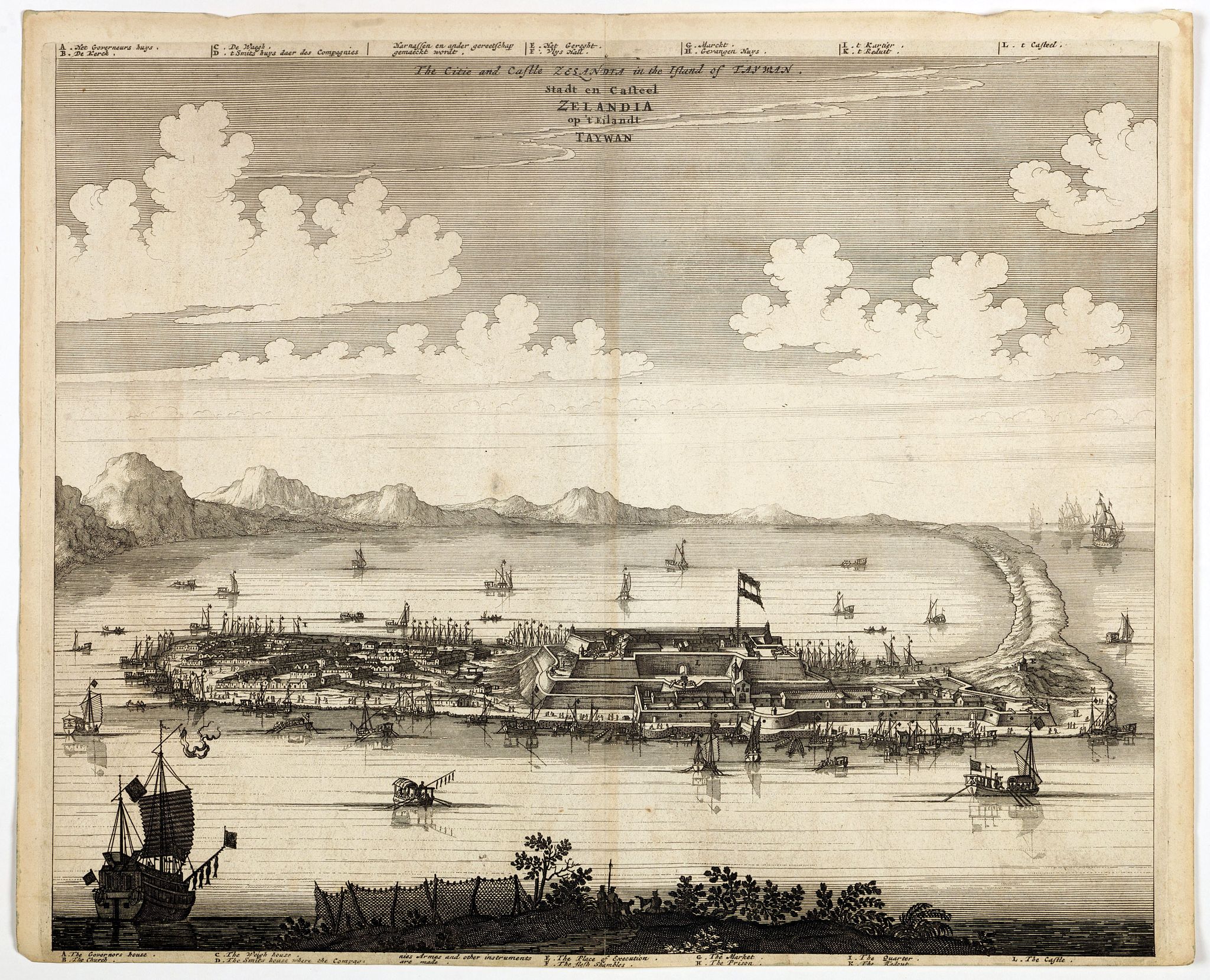 MONTANUS, A., The citie and Castle Zelandia in the Island of Taywan. / Stadt en casteel Zelandia op 't Eilant Taywan., antique map, old maps