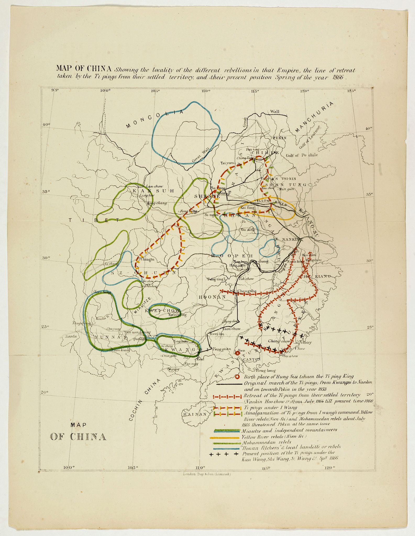 ANONYMOUS, Map of China showing the locality of the different rebellions in that Empire, the line of retreat taken by the Ti-pings from their settled territory, and their present position Spring of the year 1866., antique map, old maps