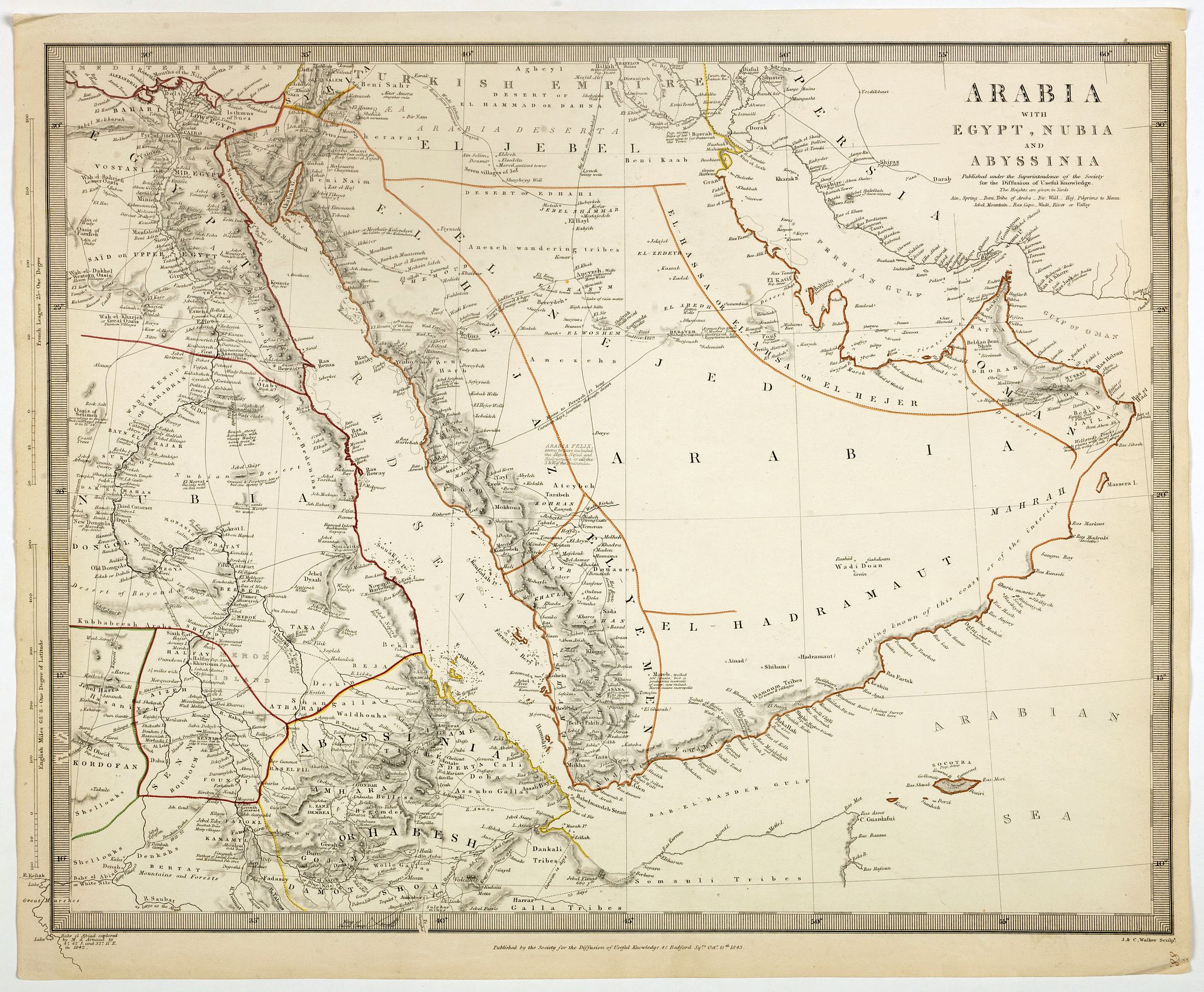 SOCIETY FOR THE DIFFUSION OF USEFUL KNOWLEDGE., Arabia with Egypt, Nubia and Abyssinia . . ., antique map, old maps