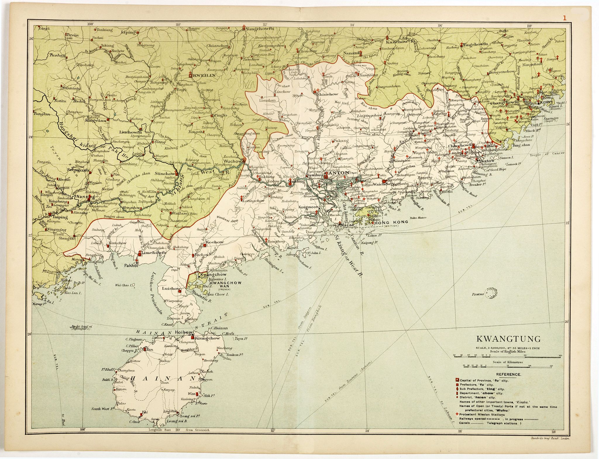 STANFORD'S GEOG ESTABLISMENT, Kwangtung. (with Hong Kong), antique map, old maps