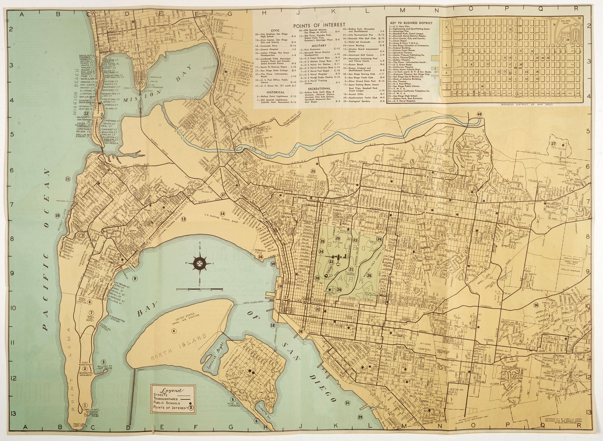 JONES, Lowell, E., Map of San Diego California City and County., antique map, old maps