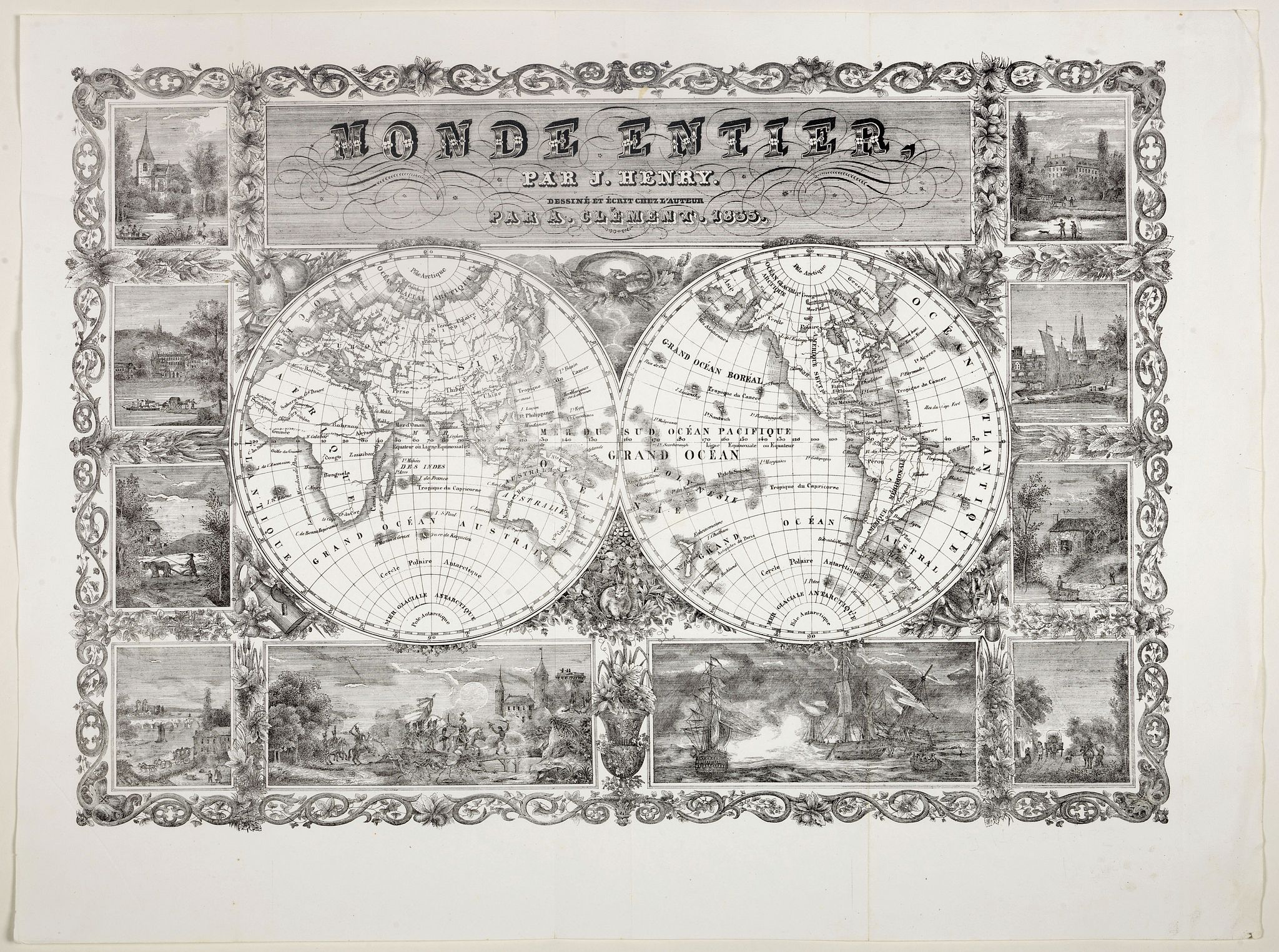 HENRY, J., Monde Entier, Par J. Henry Dressine et Ecrit Chez L' Auteur Par A. Clement., antique map, old maps