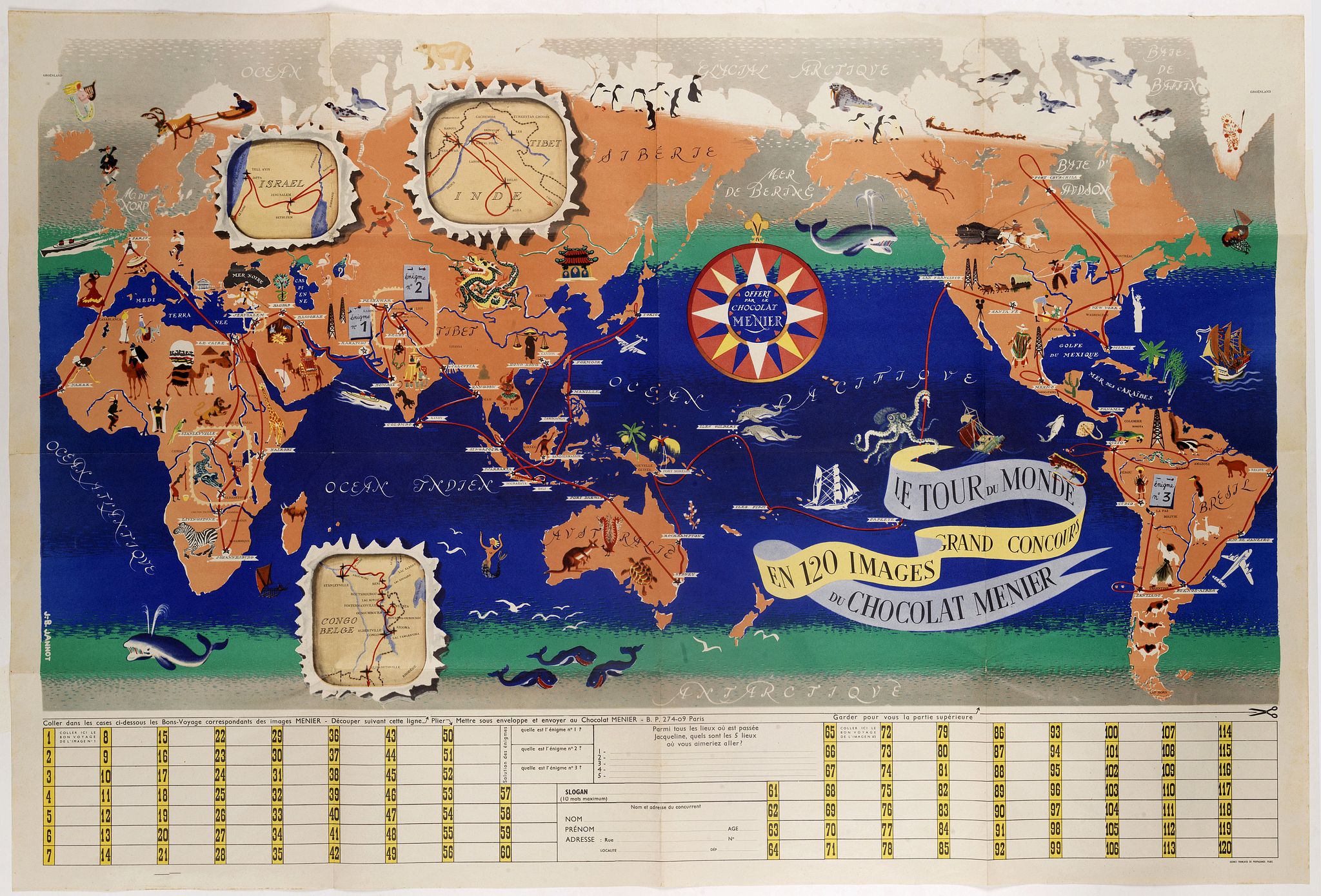 JANNOT, J.B, Le tour du monde en 120 images, grand concours du Chocolat Menier., antique map, old maps