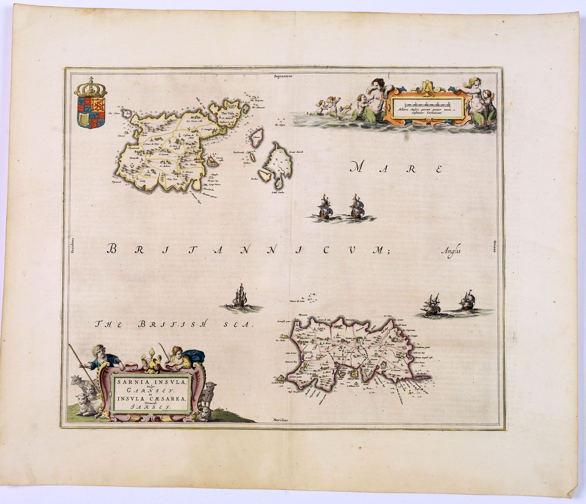 BLAEU, J., Sarnia insula vulgo Garnsey et Insula Caesarea. . . Garnsey. . ., antique map, old maps