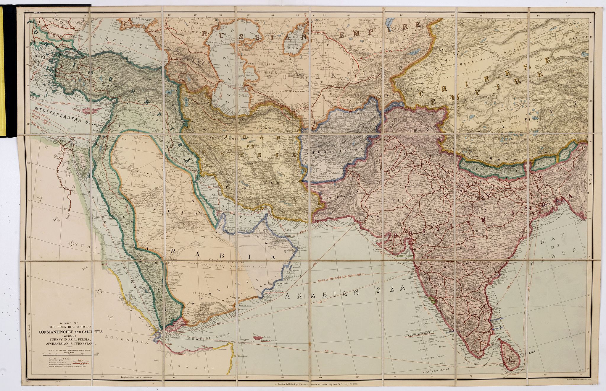 STANFORD, E., A map of the countries between Constantinople and calcutta including Turkey in Asia, Persia, Afghanistan & Turkestan., antique map, old maps