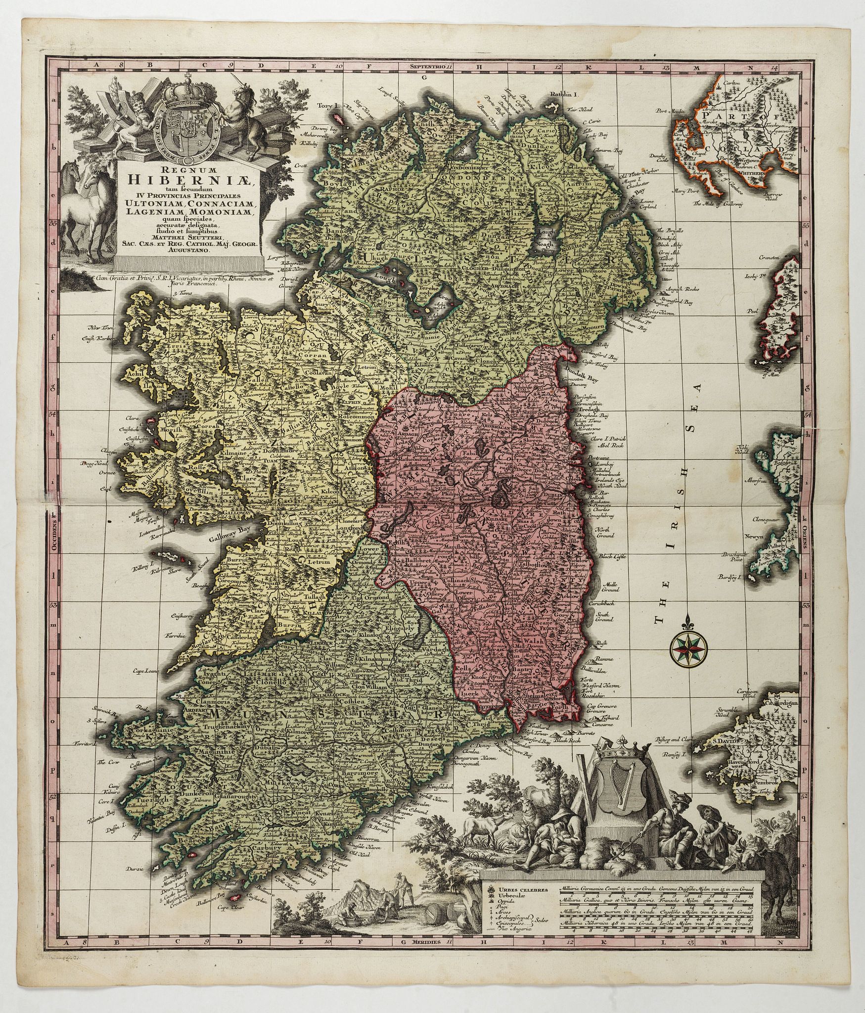 SEUTTER, M., Regnum Hiberniae, tam Secundum IV Provincias Principales Ultoniam, Connaciam, Lageniam, et Momoniam quam peciales, accurate. . ., antique map, old maps
