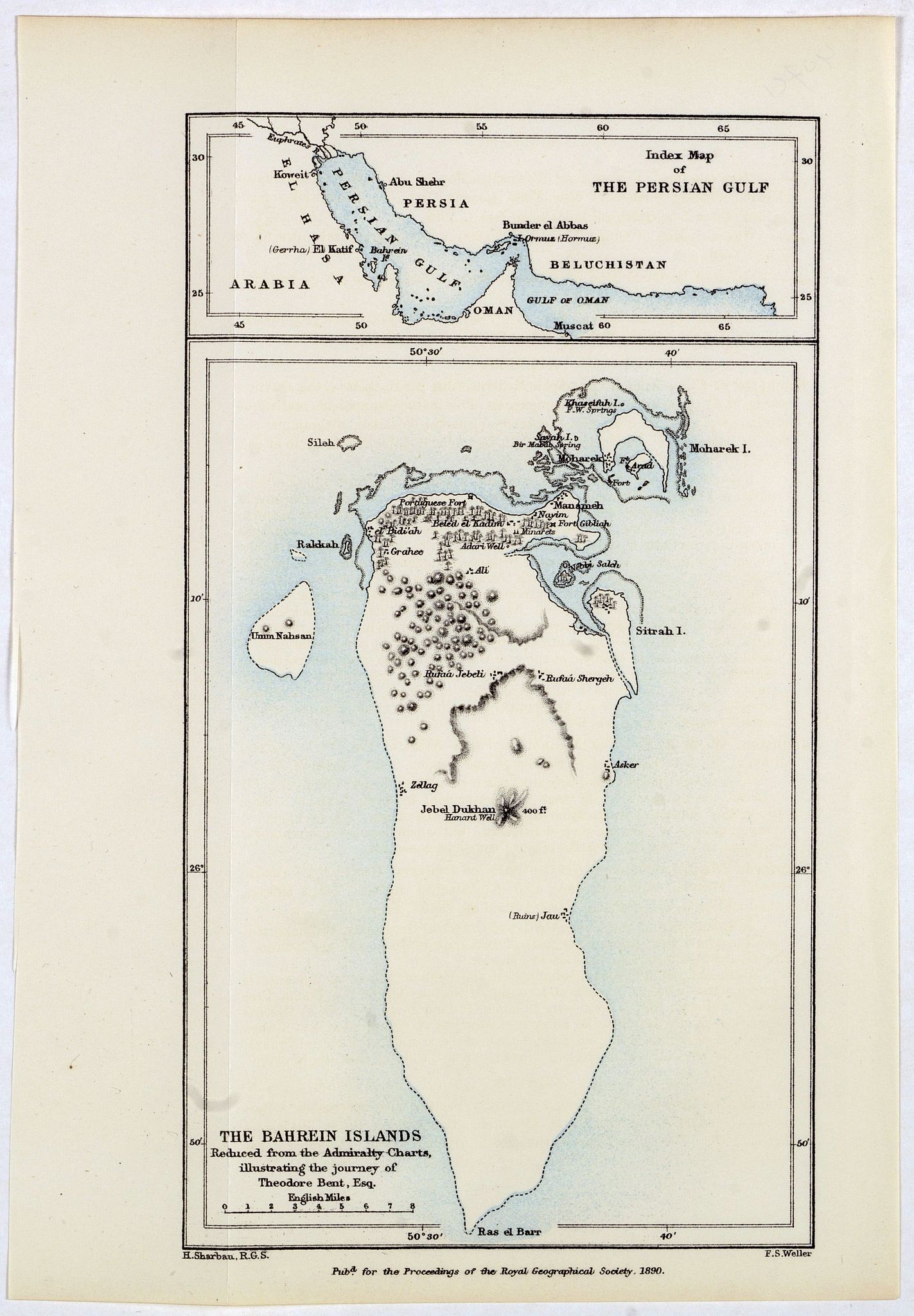 ROYAL GEOGRAPHICAL SOCIETY, The Bahrein Islands. Reduced from the admiraly Charts, illustrating the journey of Theodore Brent, Esq., antique map, old maps