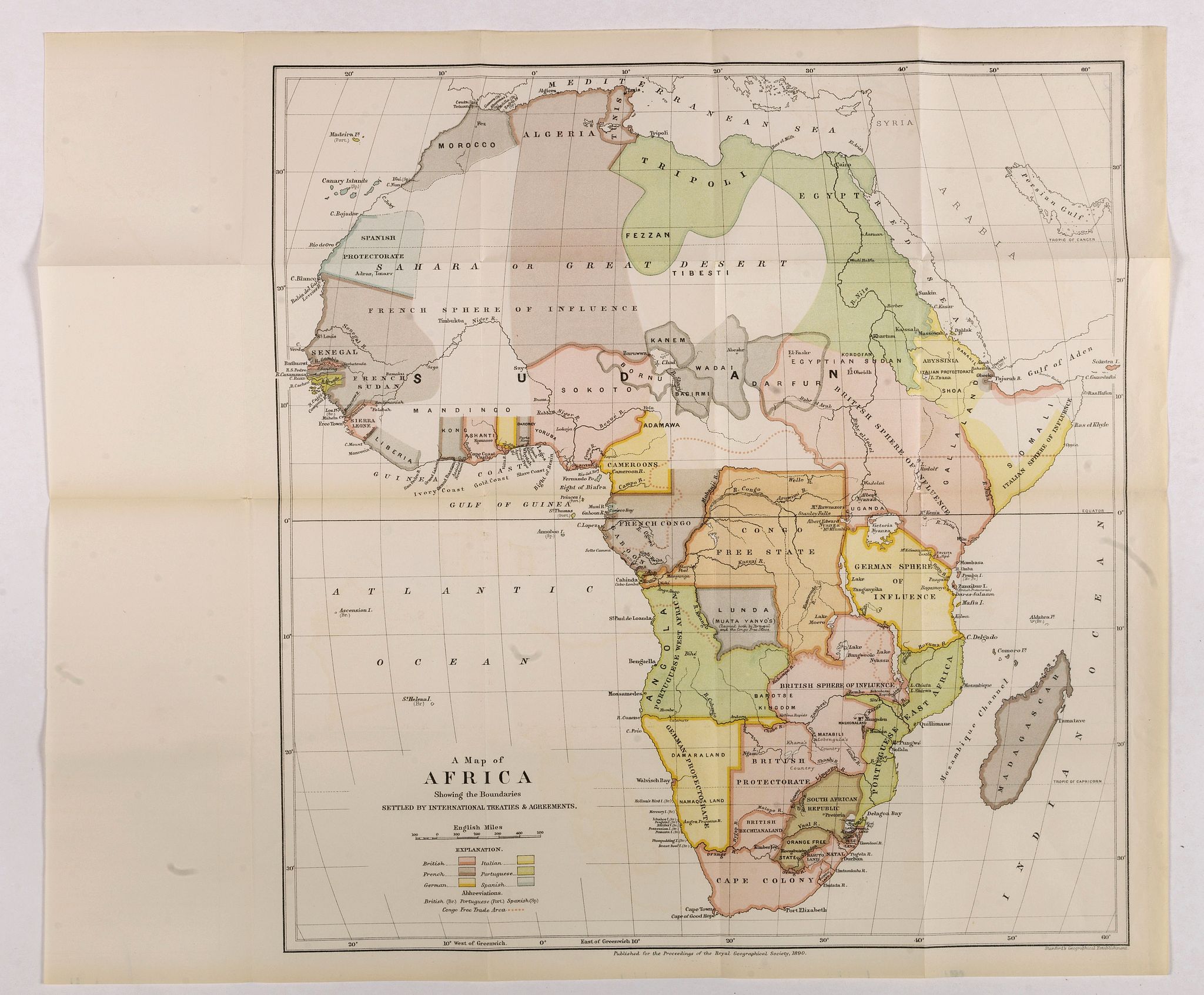 ROYAL GEOGRAPHICAL SOCIETY, A map of Africa Showing the bounderies settled by international treaties & agreements., antique map, old maps