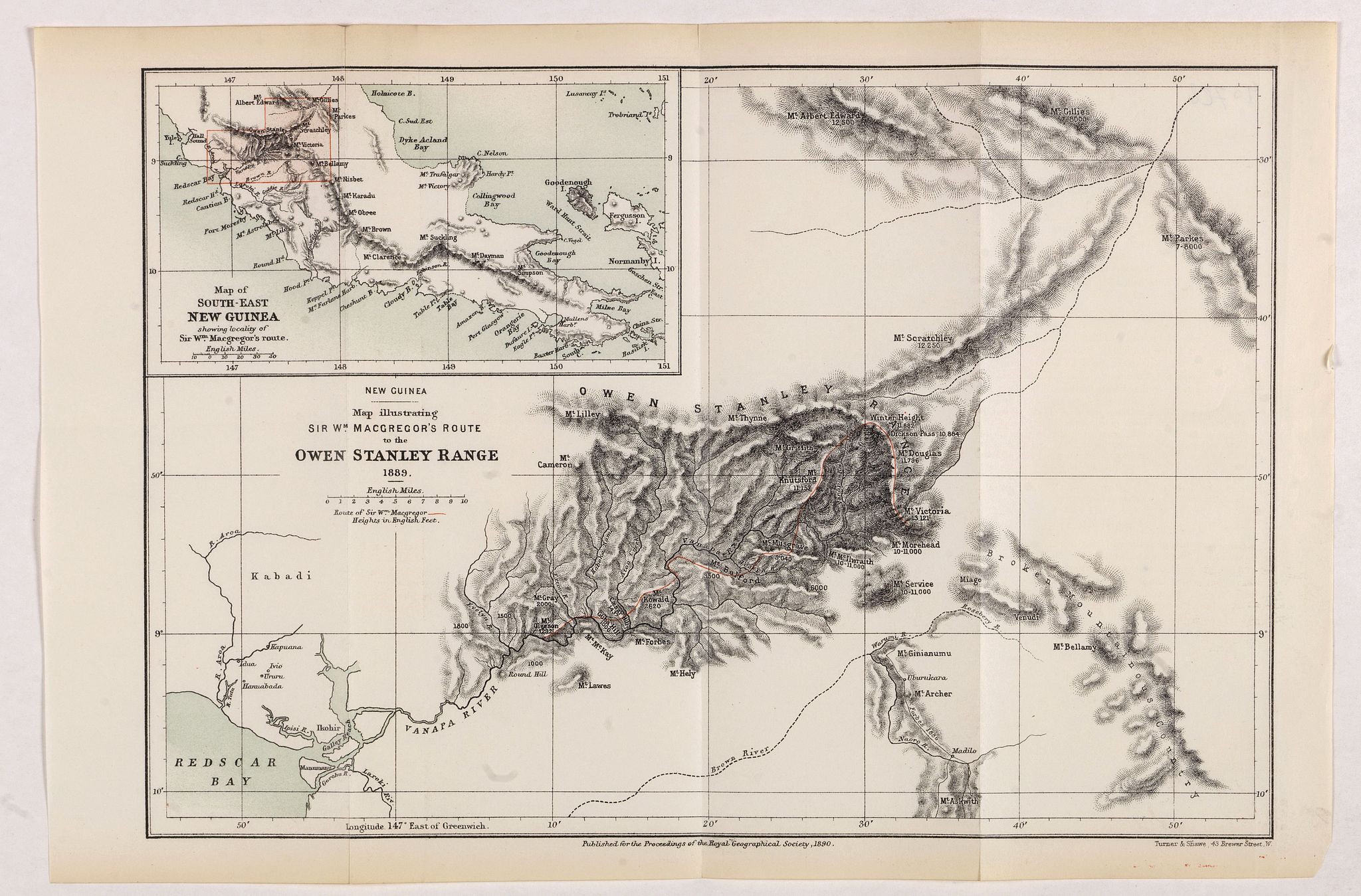 ROYAL GEOGRAPHICAL SOCIETY, New Guinea. Map illustrating Sir. w. Macgregor's route to the Owen Stanley Range 1889., antique map, old maps