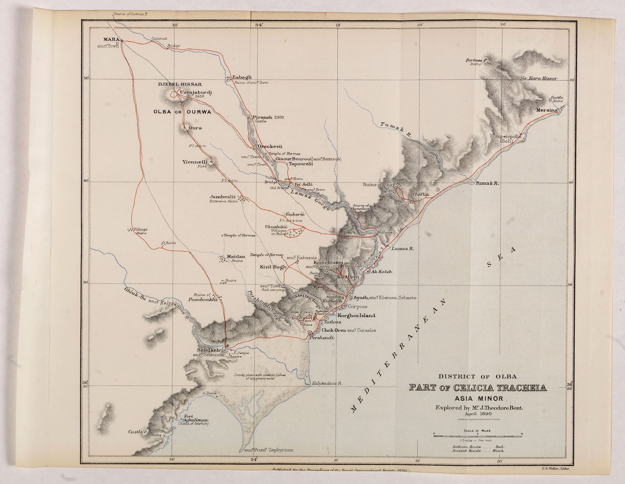 ROYAL GEOGRAPHICAL SOCIETY, District of Olba part of Celicia Tracheia Asia Minor. Explored by Mr. J.Theodore Brent April 1890., antique map, old maps
