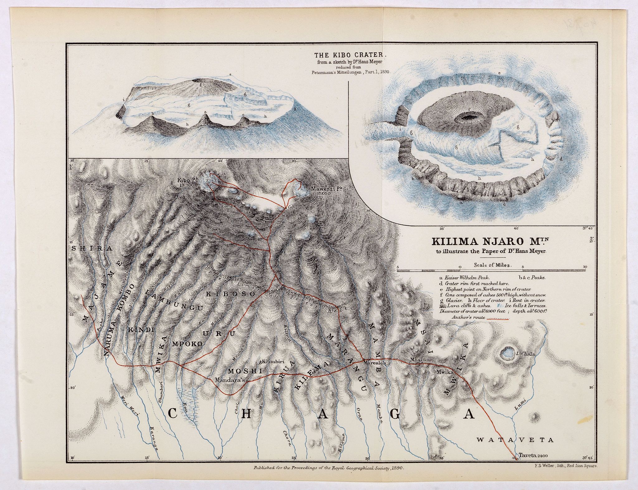 ROYAL GEOGRAPHICAL SOCIETY, Kilima Njaro Mtn. to illustrate the paper of Dr. Hans Meyer., antique map, old maps