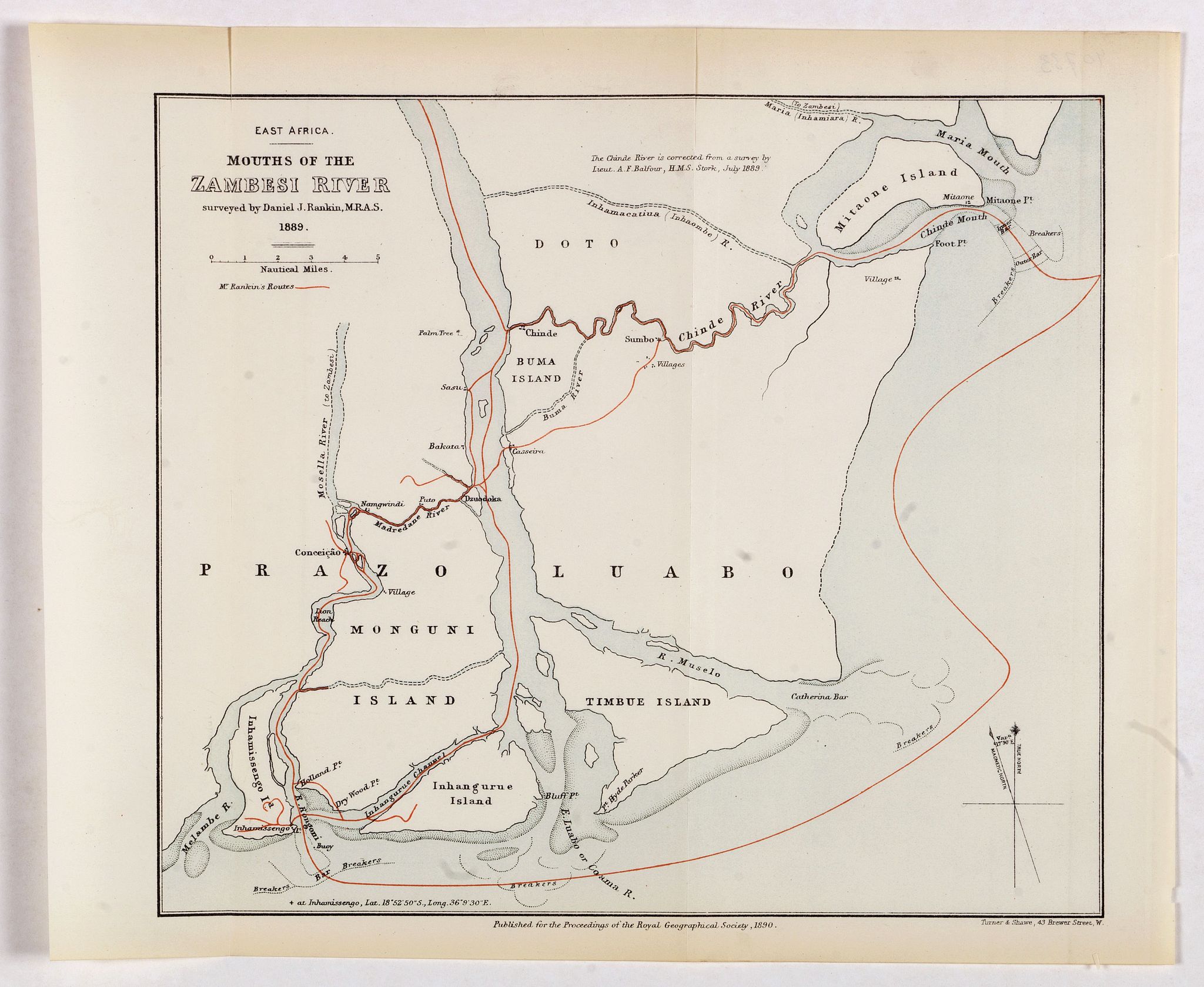 ROYAL GEOGRAPHICAL SOCIETY, East Africa. Mounts of the Zambesi River surveyed by Daniel J.Rankin, M.R.A.S. 1889., antique map, old maps
