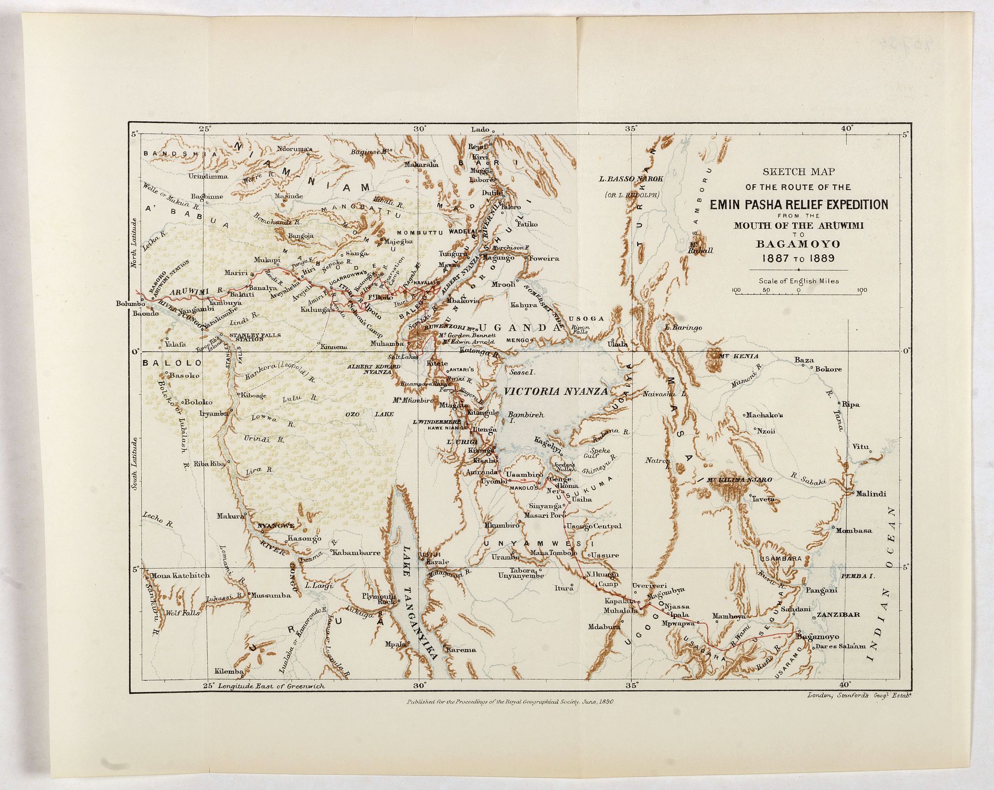 ROYAL GEOGRAPHICAL SOCIETY, Sketch map of the route of the Emin Pasha relief expedition from the mounth of the Aruwimi to Bagamyo 1887 to 1889., antique map, old maps