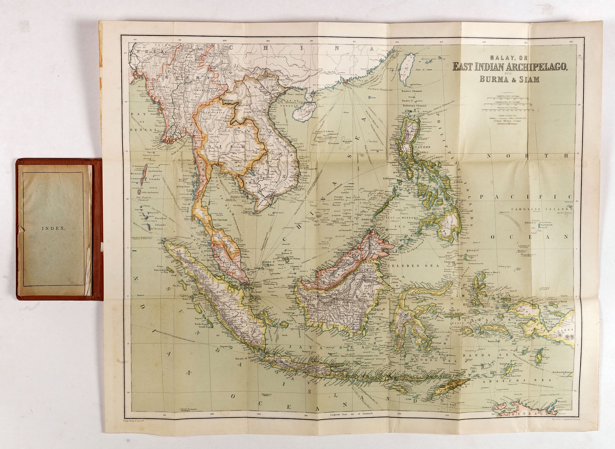 GEORGE PHILIP & SON, LTD., East Indies. (Malay, or East Indian Archipelago with Burma & Siam), antique map, old maps