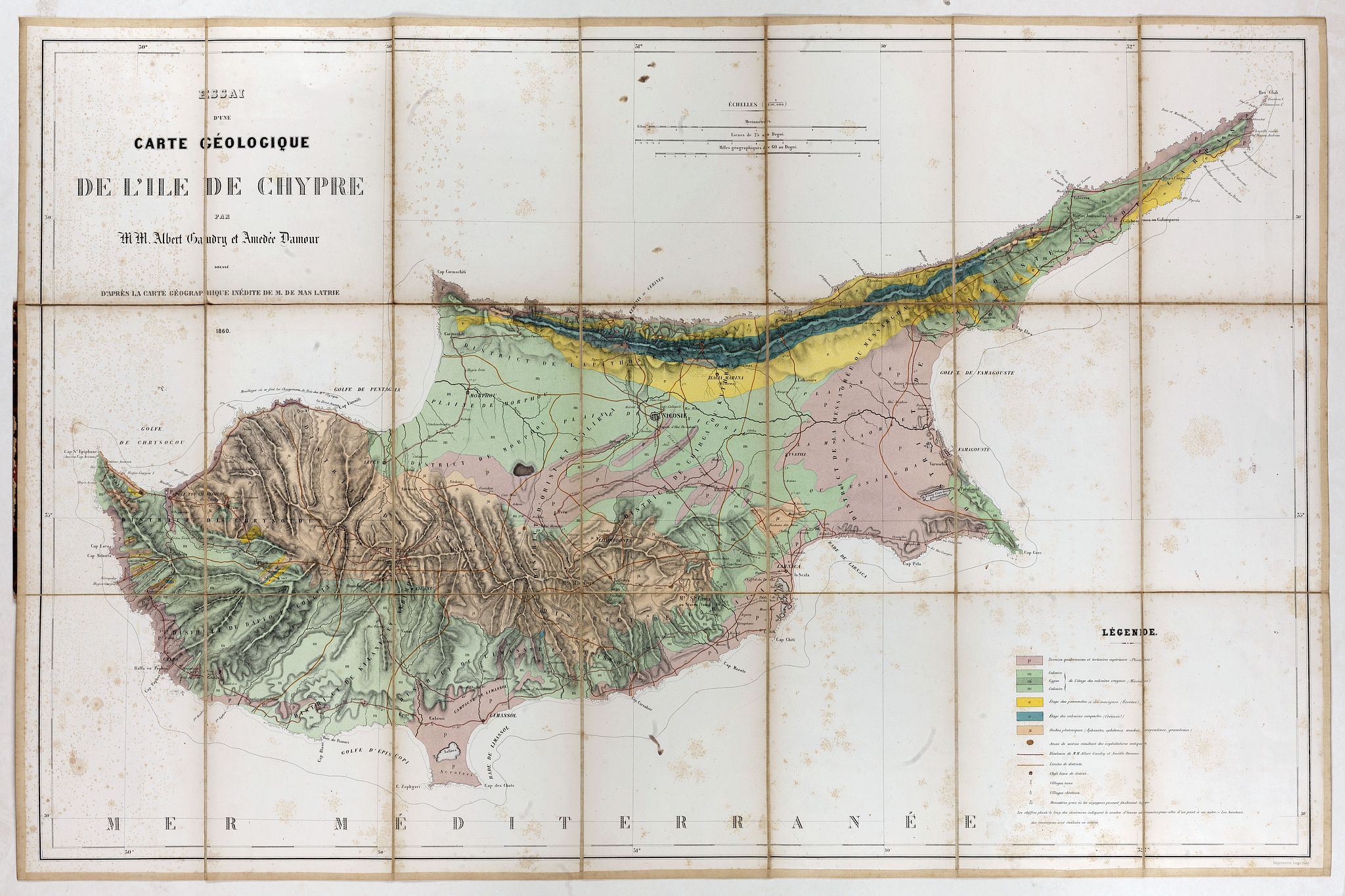 GAUDRY, A / DAMOUR, A., Essai d'une carte géologique de l'Ile de Chypre., antique map, old maps