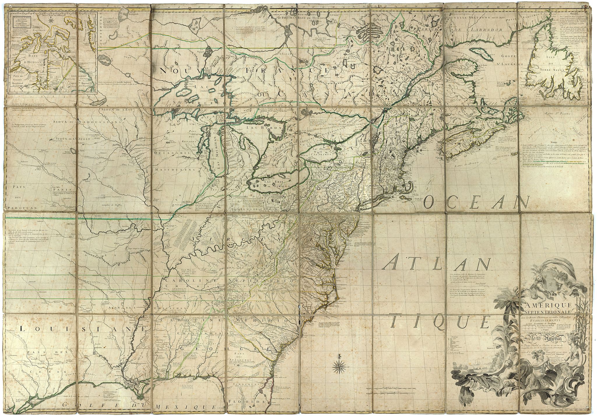 MITCHEL, J. /LE ROUGE, Amerique Septentrionale avec les Routes, Distances en miles, Villages et Etablissements François et Anglois Par le Docteur Mitchel Traduit de l'Anglois ... Corigee en 1776 par M. Hawkins... Verbessert 1776, antique map, old maps