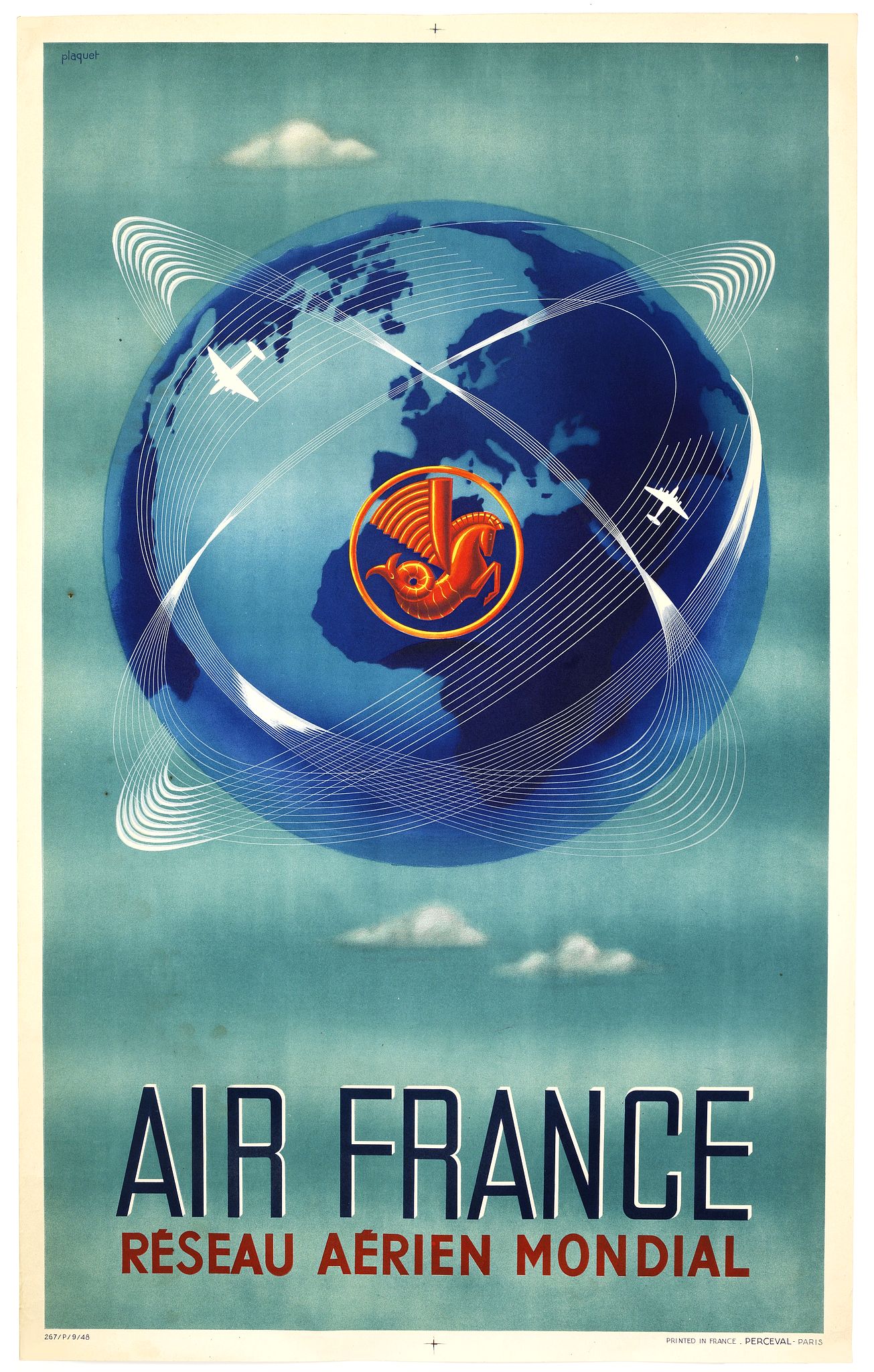 PLAQUET, AIR FRANCE Réseau aérien mondial., antique map, old maps