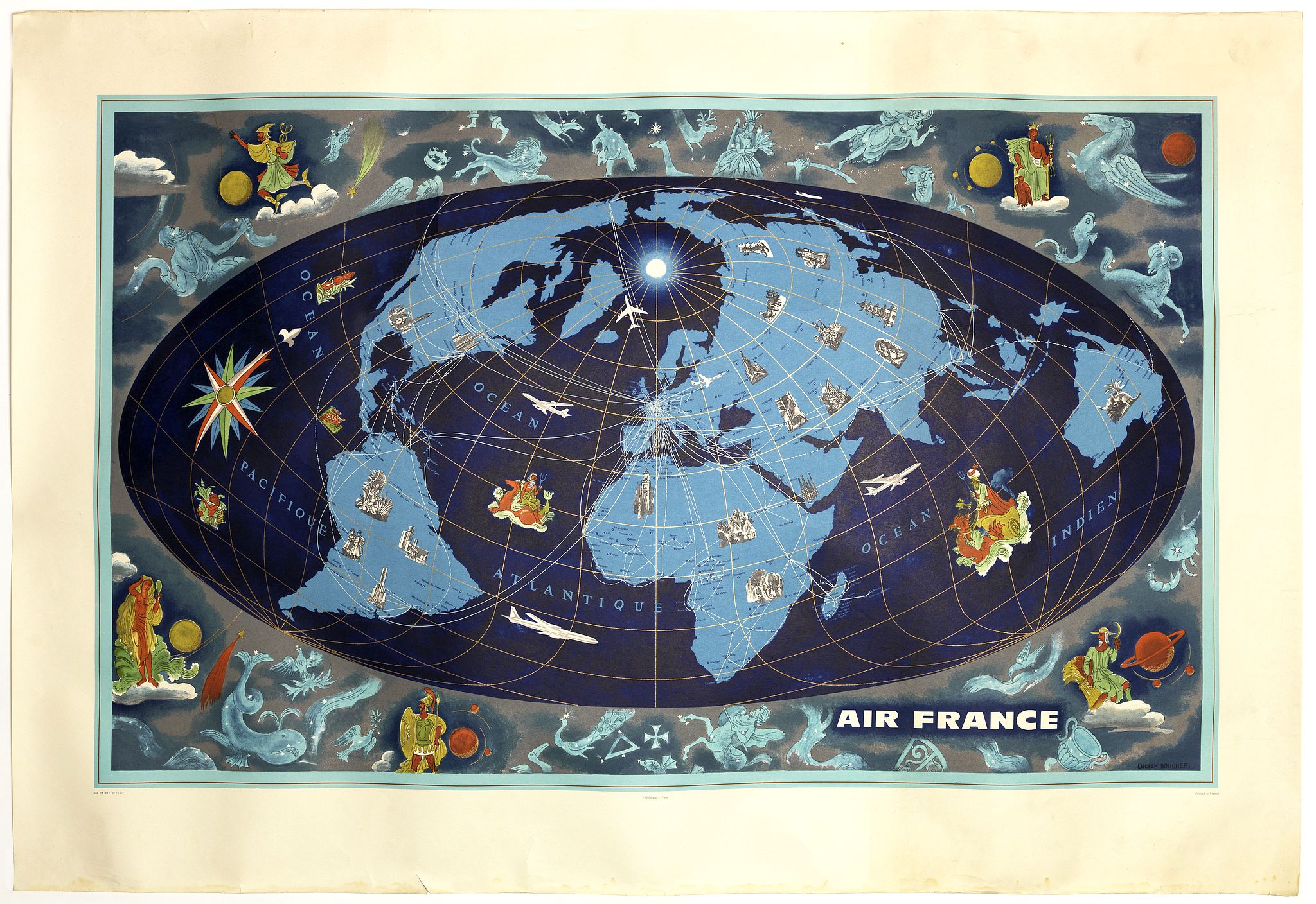 BOUCHER, L. / AIR FRANCE, World map with zodiac figures., antique map, old maps