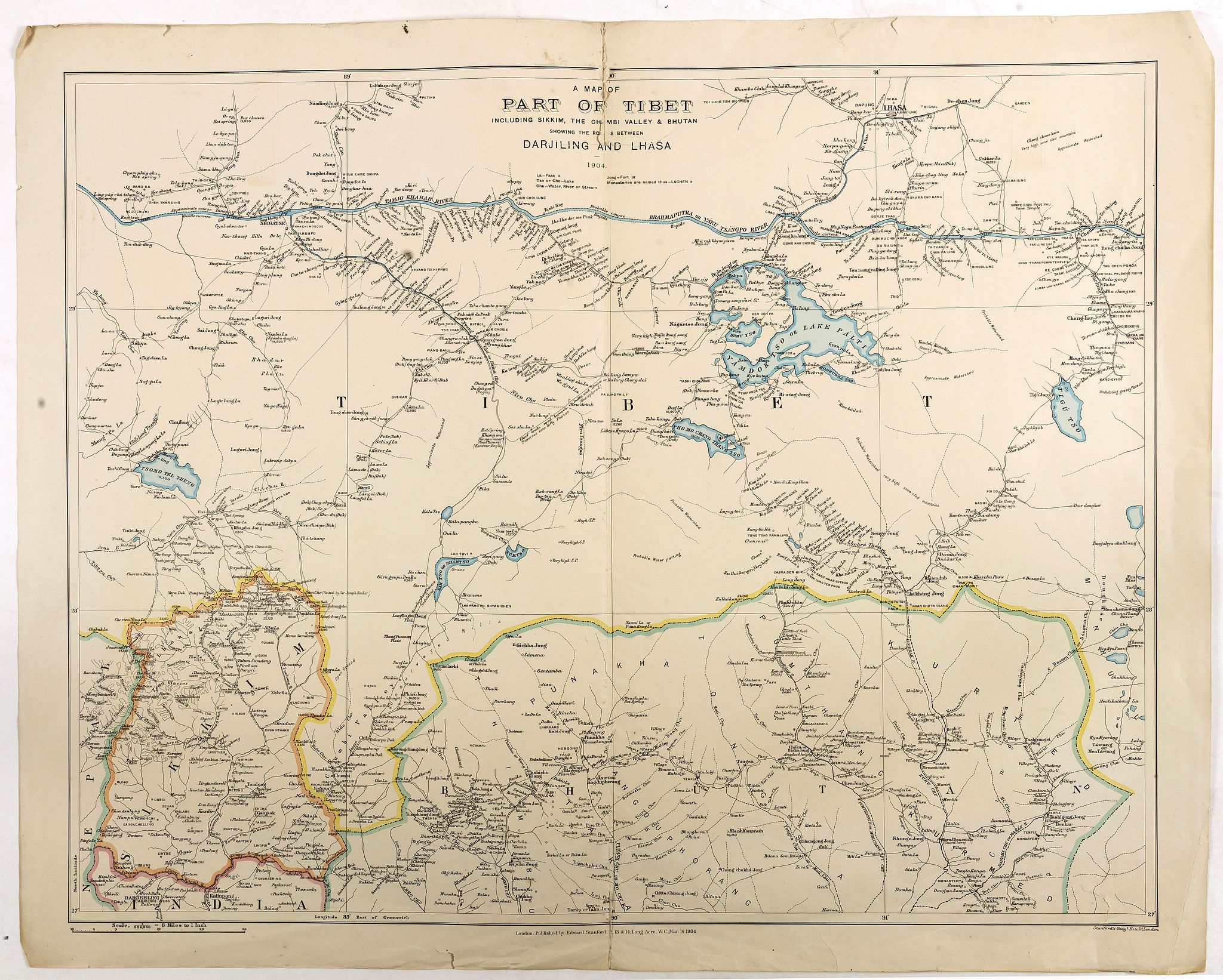 STANFORD, E., A map of part of Tibet : including Sikkim, the Chumbi Valley & Bhutan showing the routes between Darjiling and Lhasa, antique map, old maps