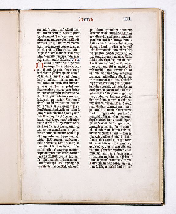 JOHANN GUTENBERG, A single leaf from the Gutenberg Bible (quire 7/leaf 8 = vol. I, leaf 68) contains Numeri 7.38 until 8.12., antique map, old maps