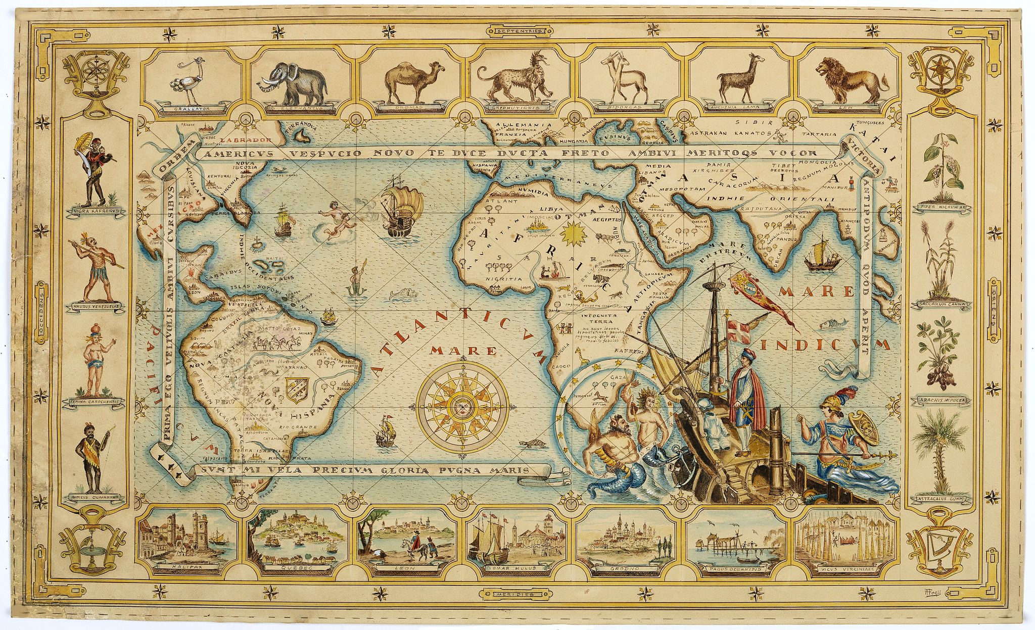 FOGLY, A., (World map). Americus Vespucio novo te Duce Ducta Freto Ambivi Meritoqs Vocor., antique map, old maps