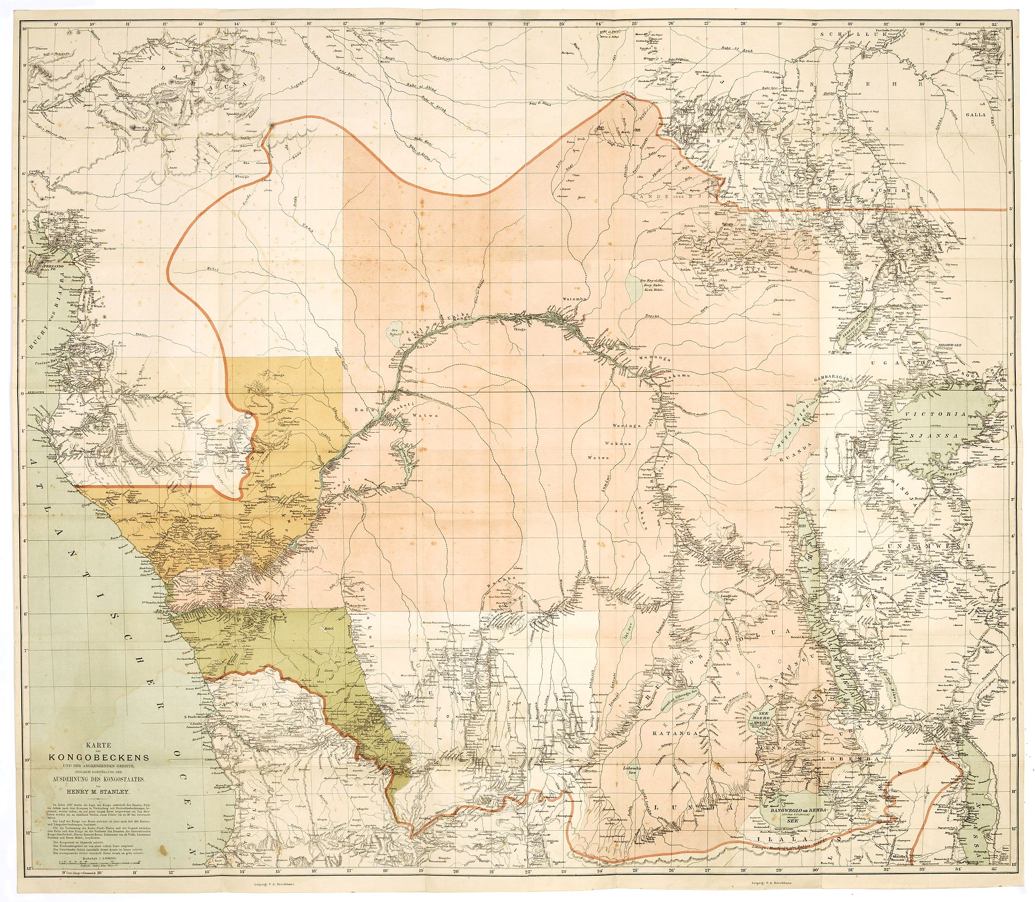 STANLEY, H. M., Karte des Kongobeckens und der angrenzenden Gebiete, zugleich Darstellung der Ausdehnung des Kongostaates. Von Henry M. Stanley., antique map, old maps