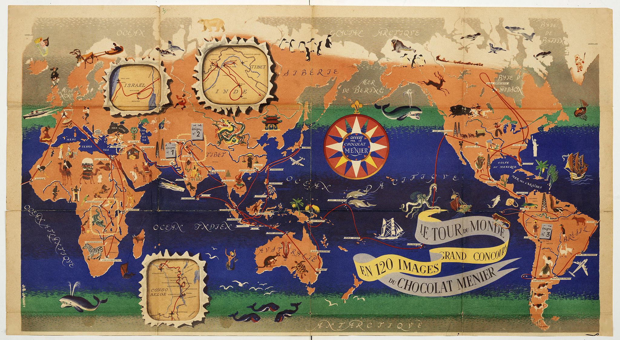 CHAZELLE AND L. TOUCHETT, Le Tour du Monde du Monde en 120 images grand concours du Chocolat Menier., antique map, old maps