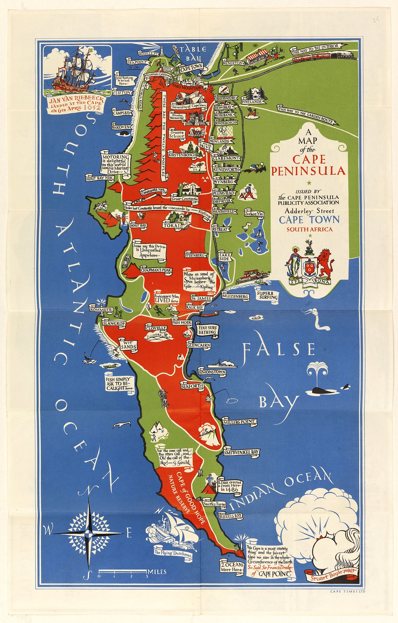 BOYLE, S., A Map of the Cape Peninsula. Issued by the Cape Peninsula Publicity Association Adderley Street Cape Town South Africa., antique map, old maps