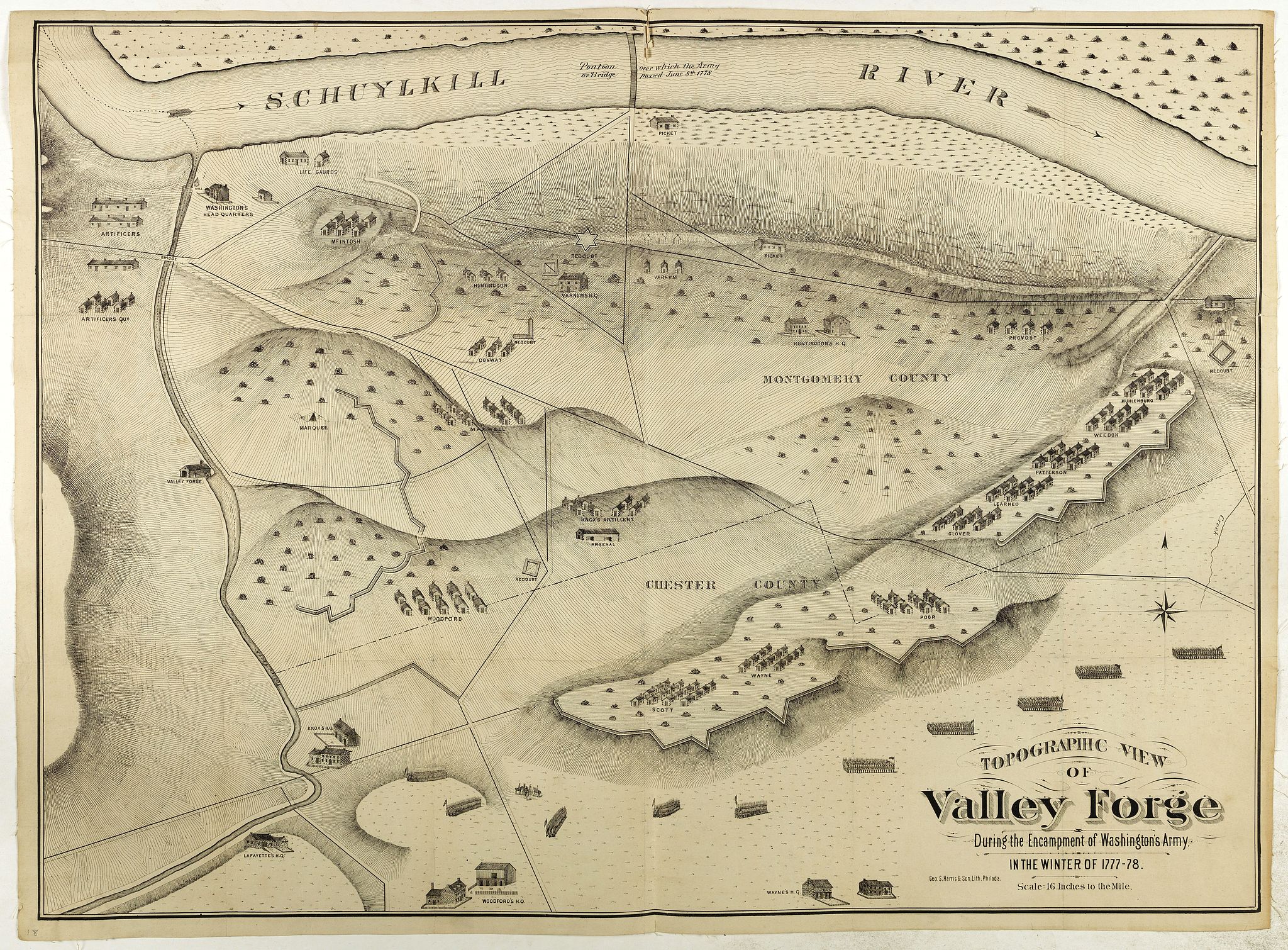 HARRIS & SON, Topographic view of Valley Forge. During the Encompment of Washington's Army in the winter of 1777-78., antique map, old maps