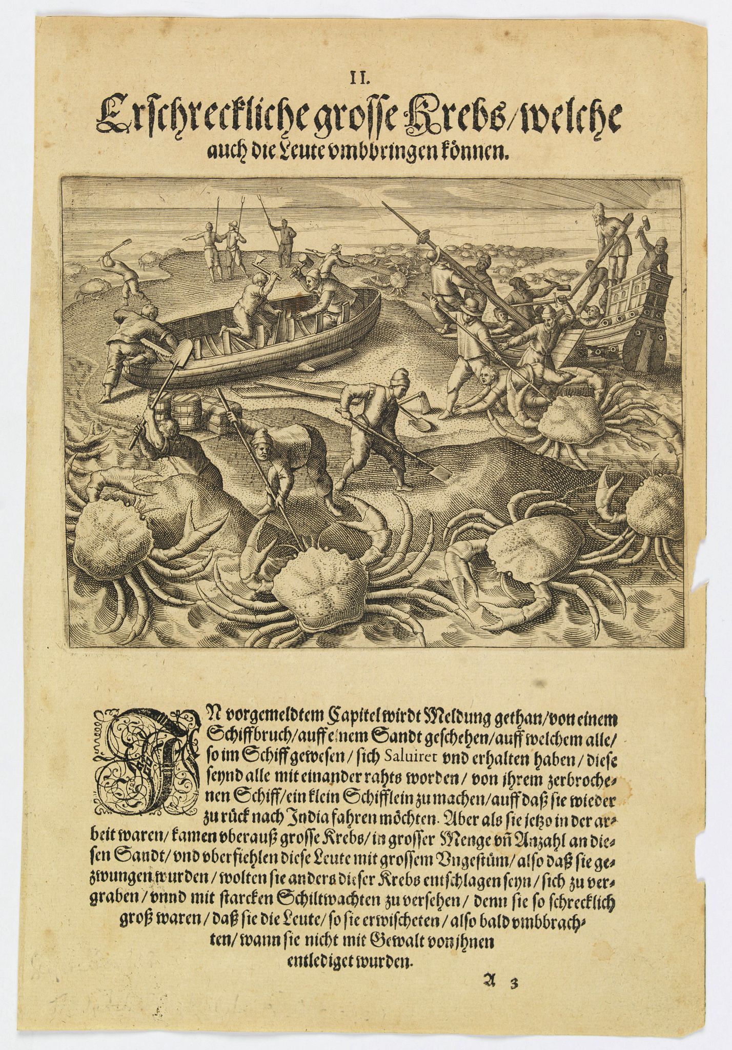 DE BRY, Th., The Dutch are attacked by giant crabs., antique map, old maps