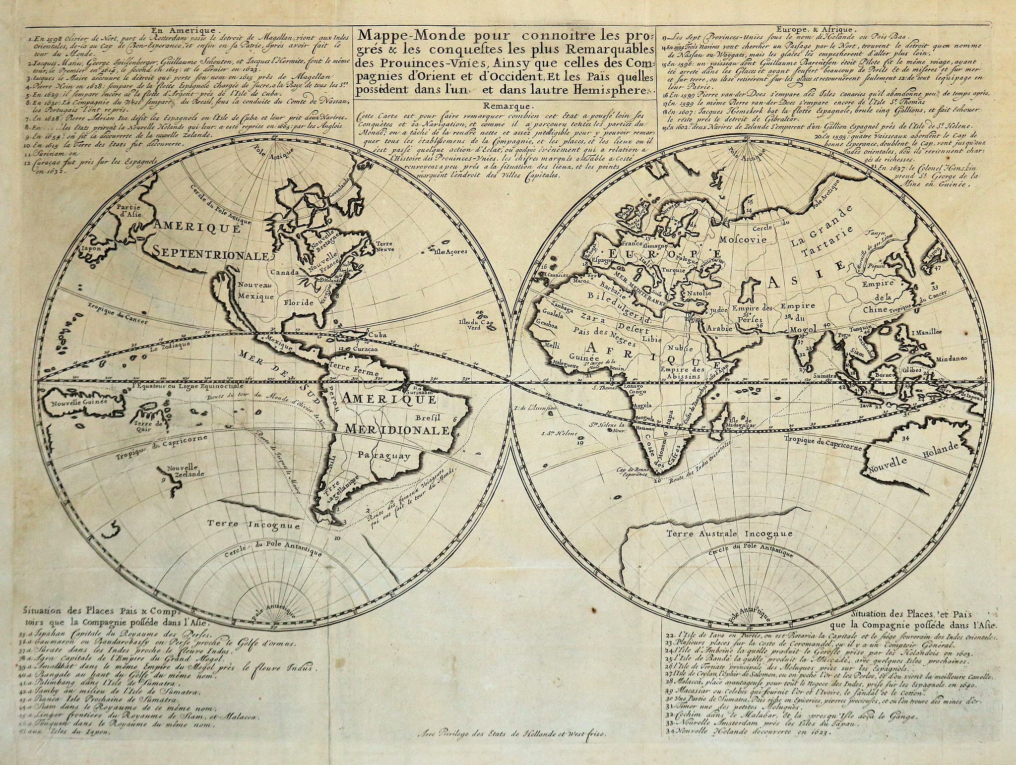 MALHERBE, J., Mappe Monde pour connaitre les progrès et les conquestes les plus Remarquables des Provinces-Unies, antique map, old maps